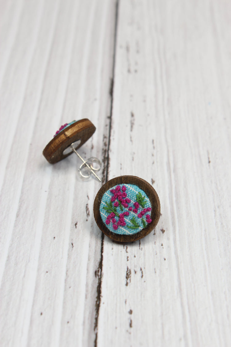 Embroidery Pink Flowers Studs Earrings