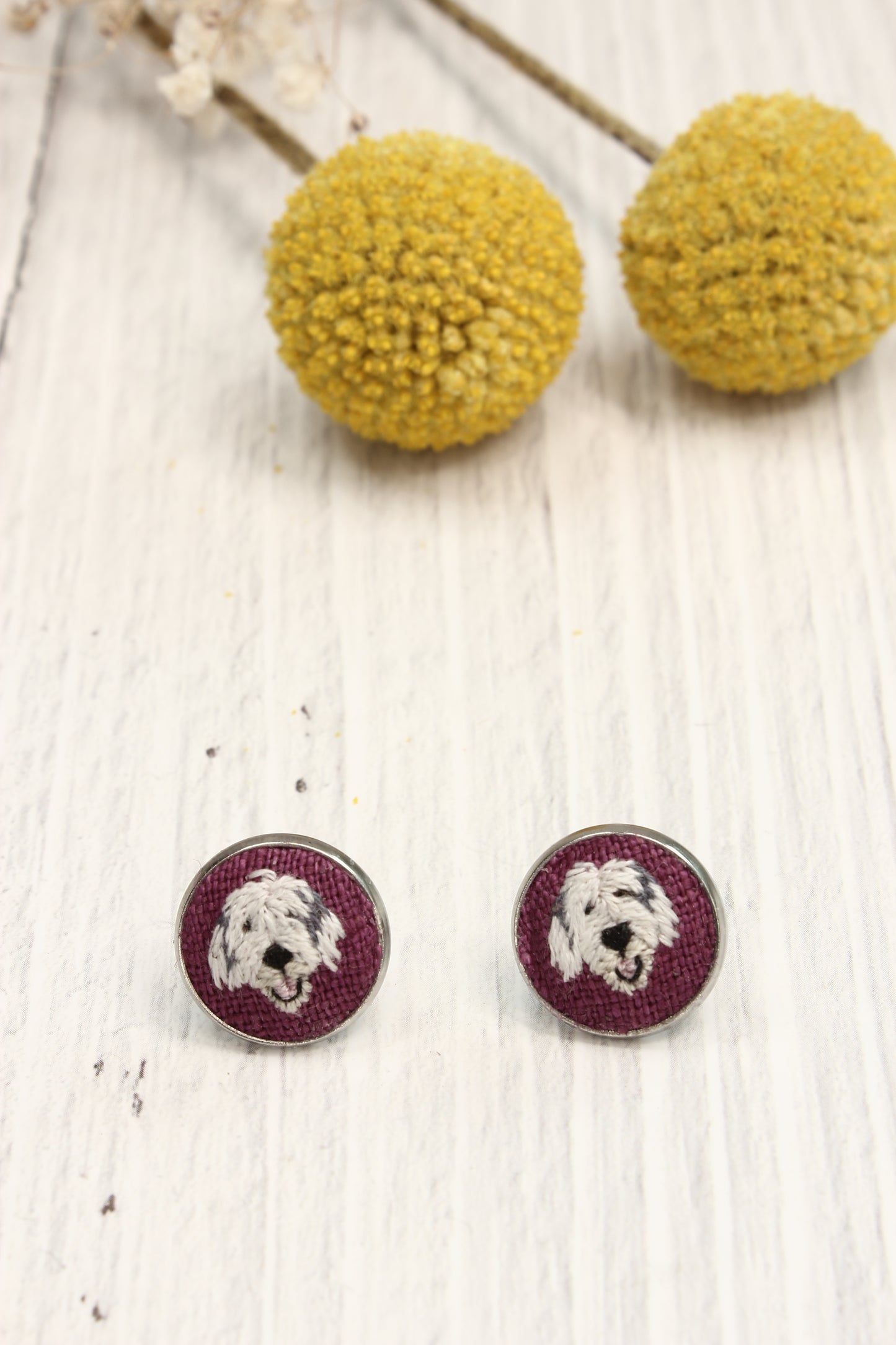 Embroidery Old English Sheepdog Studs Earrings