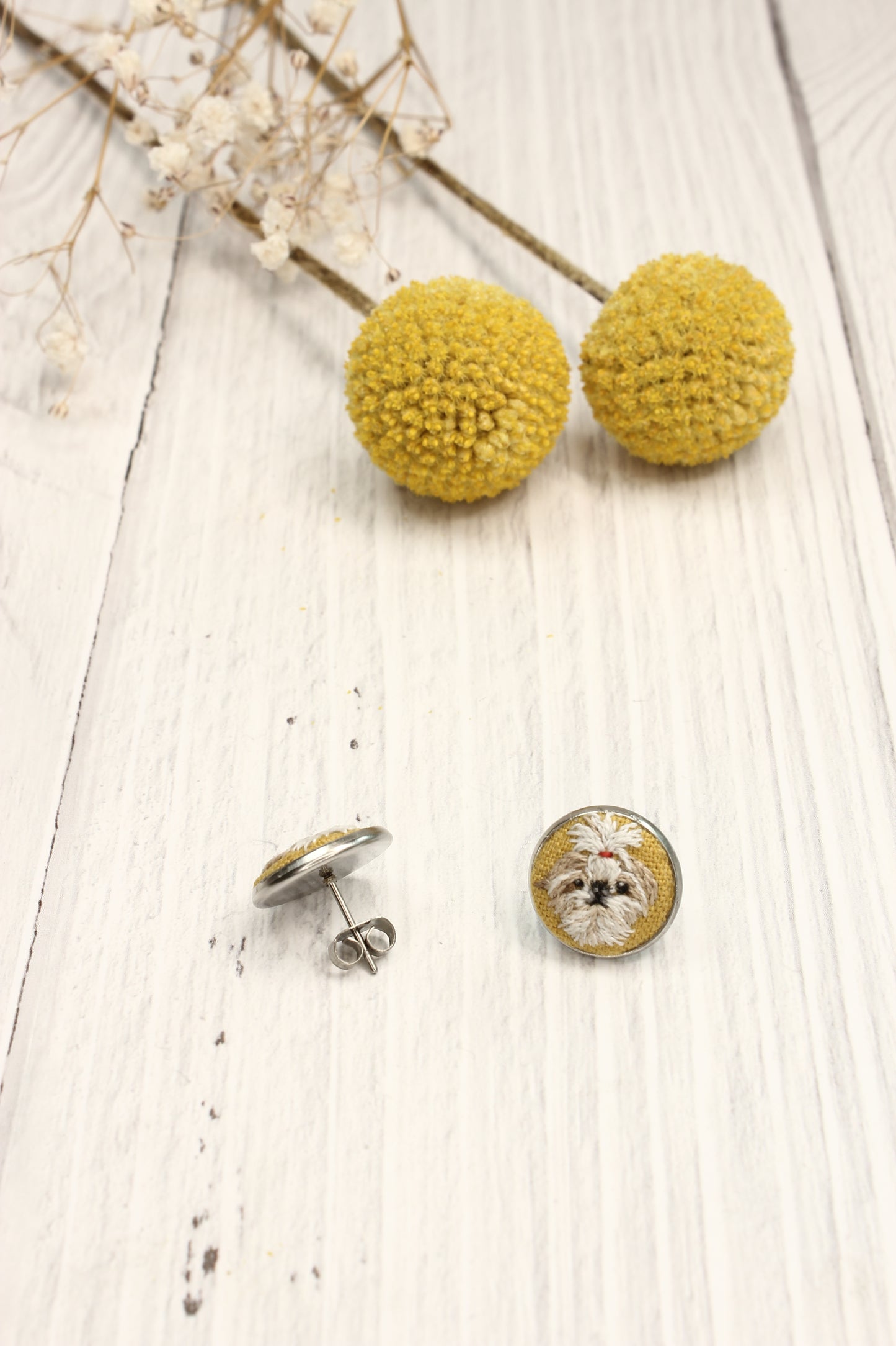 Embroidery Shitzu Studs Earrings