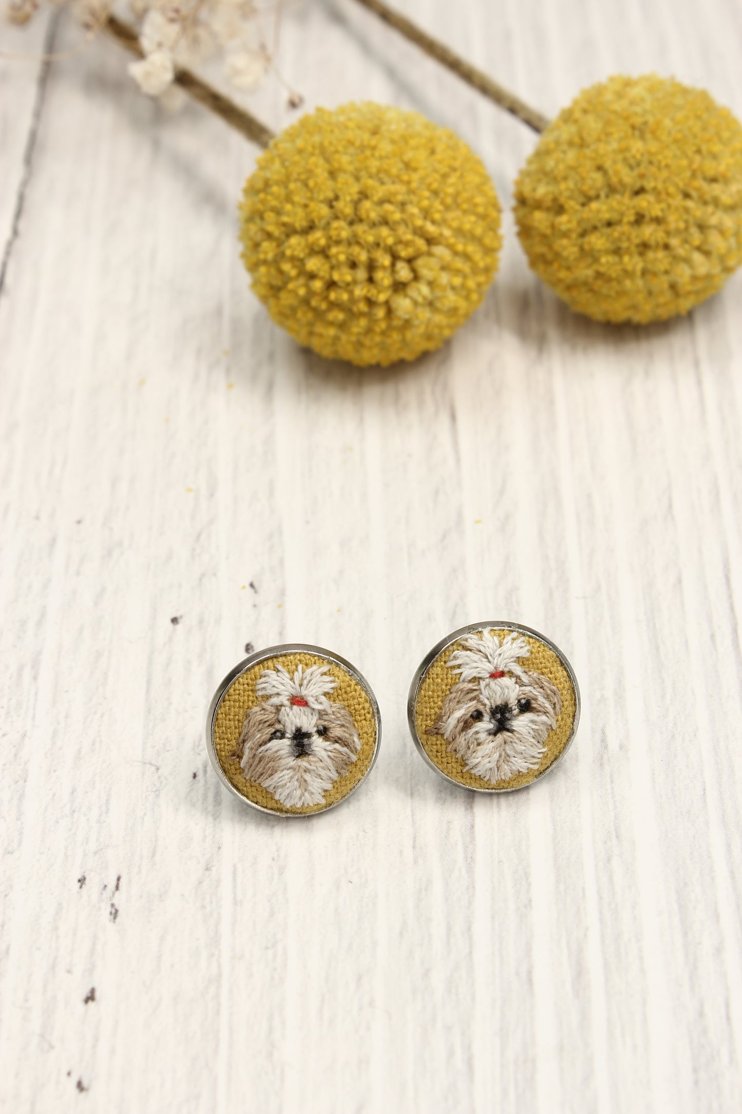 Embroidery Shitzu Studs Earrings