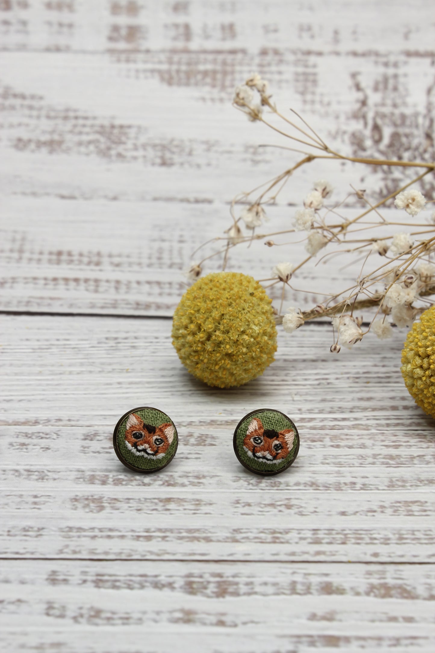 Embroidery Orange Cat Studs