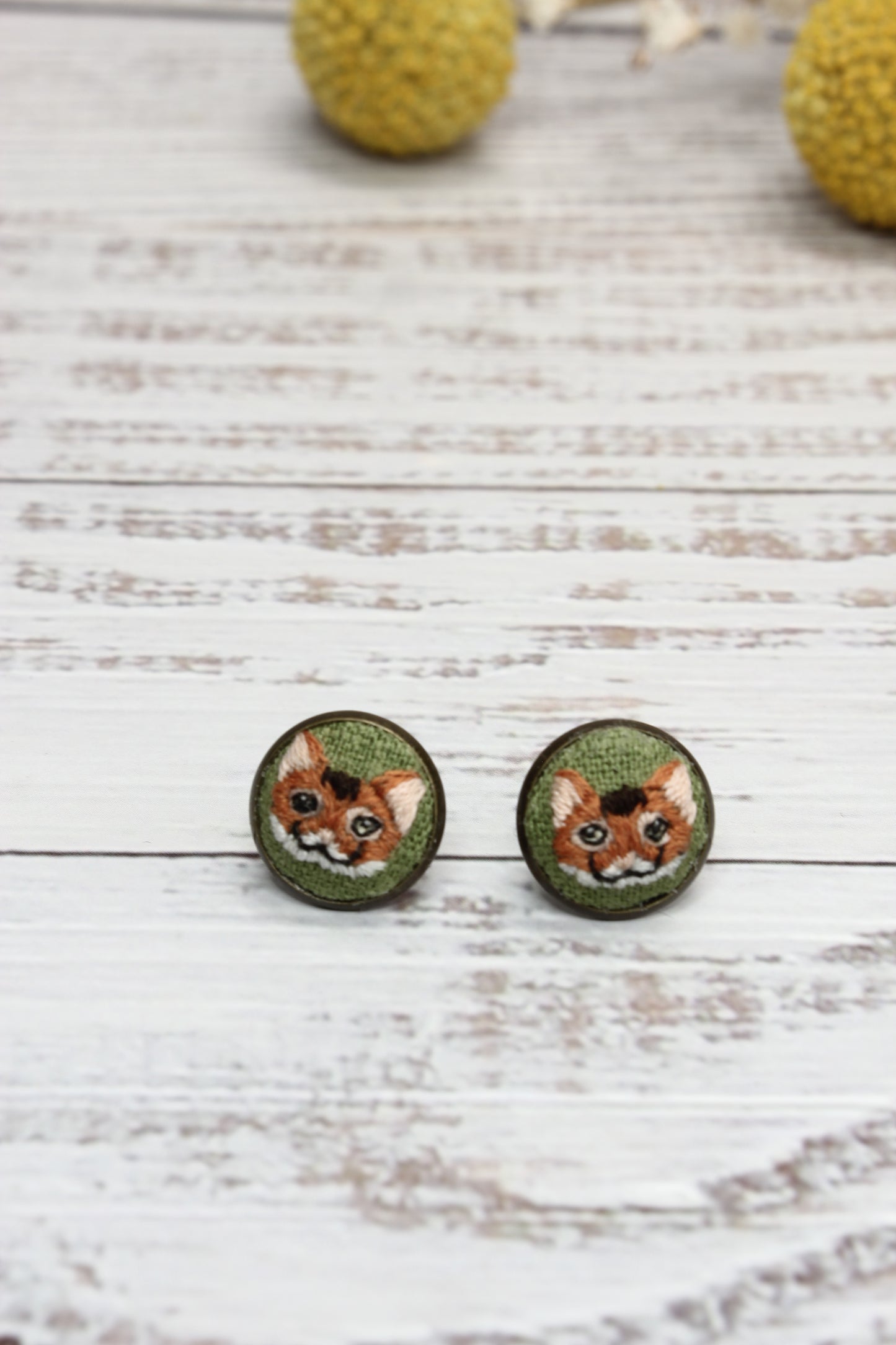 Embroidery Orange Cat Studs