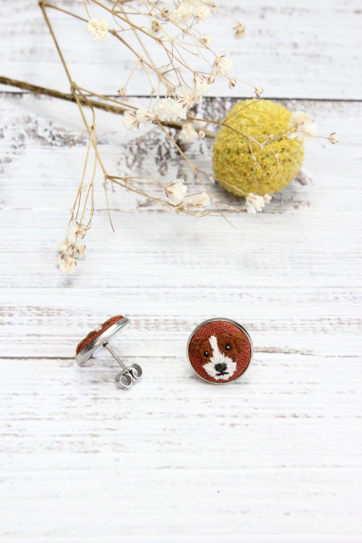 Embroidery Jack Russell Studs Earrings #1A