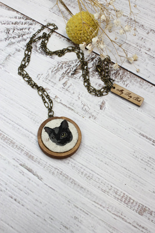 Embroidery Black & Gray Cat Necklace #1