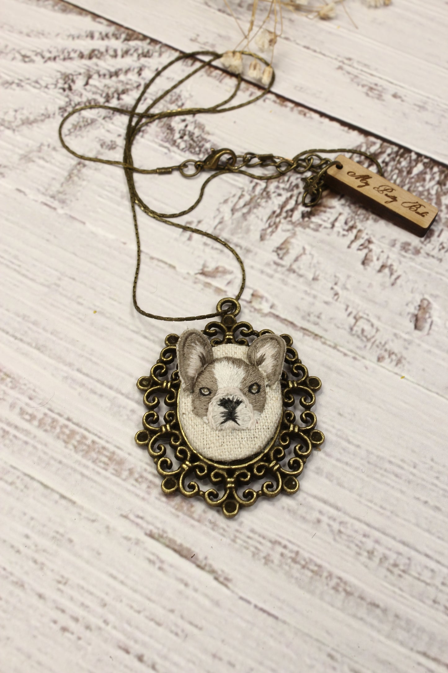 Embroidery Stumpwork French Bulldog Necklace
