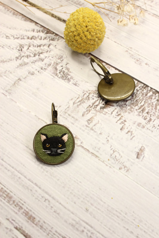 Embroidery Black Cat Earrings #22D