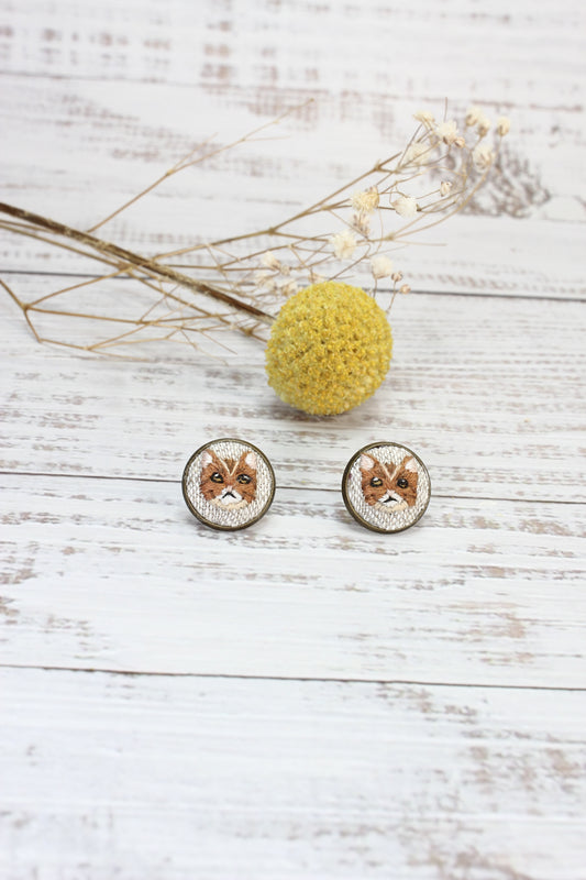 Embroidery Orange Cat Studs #52