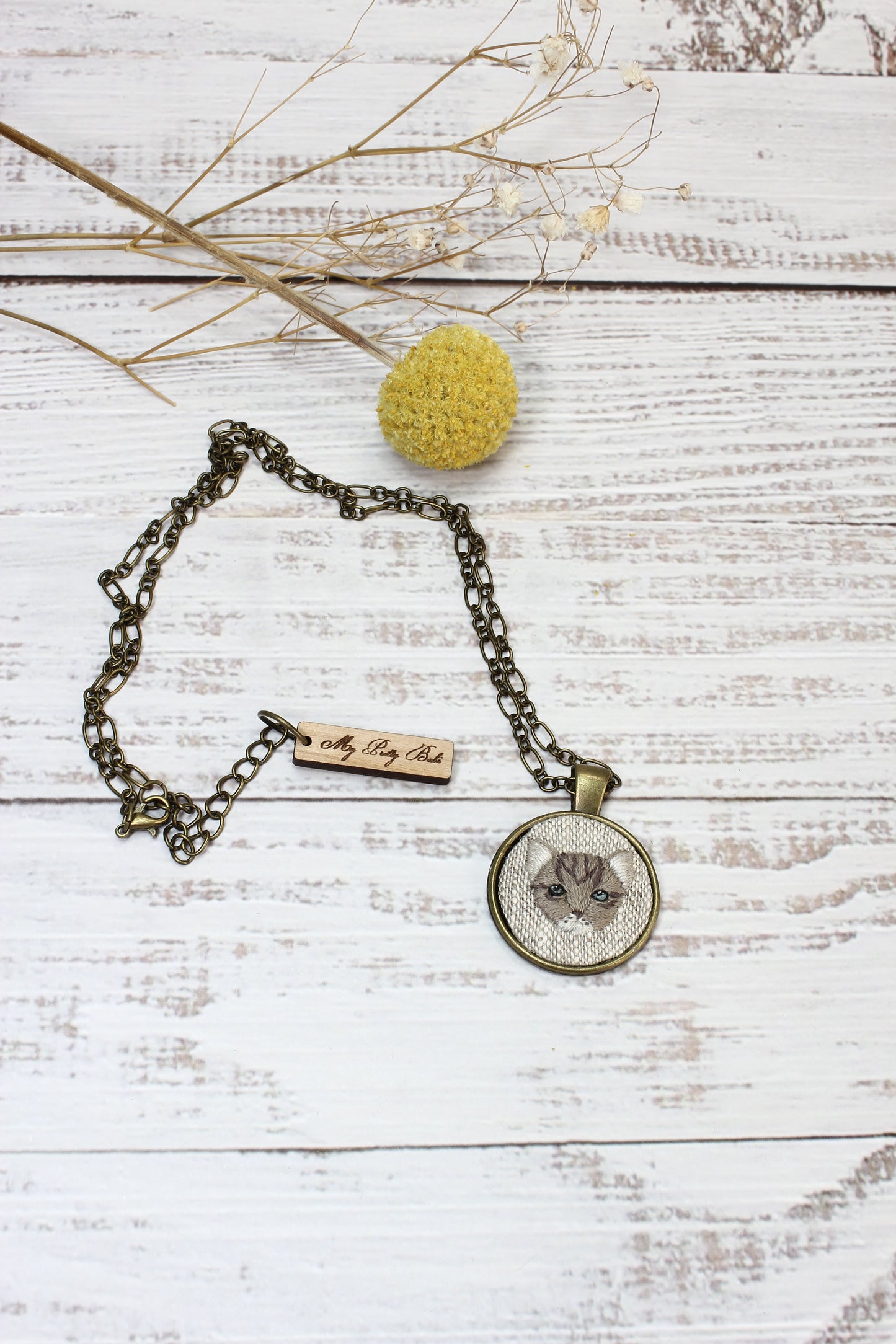 Embroidery Tabby Cat Necklace #3