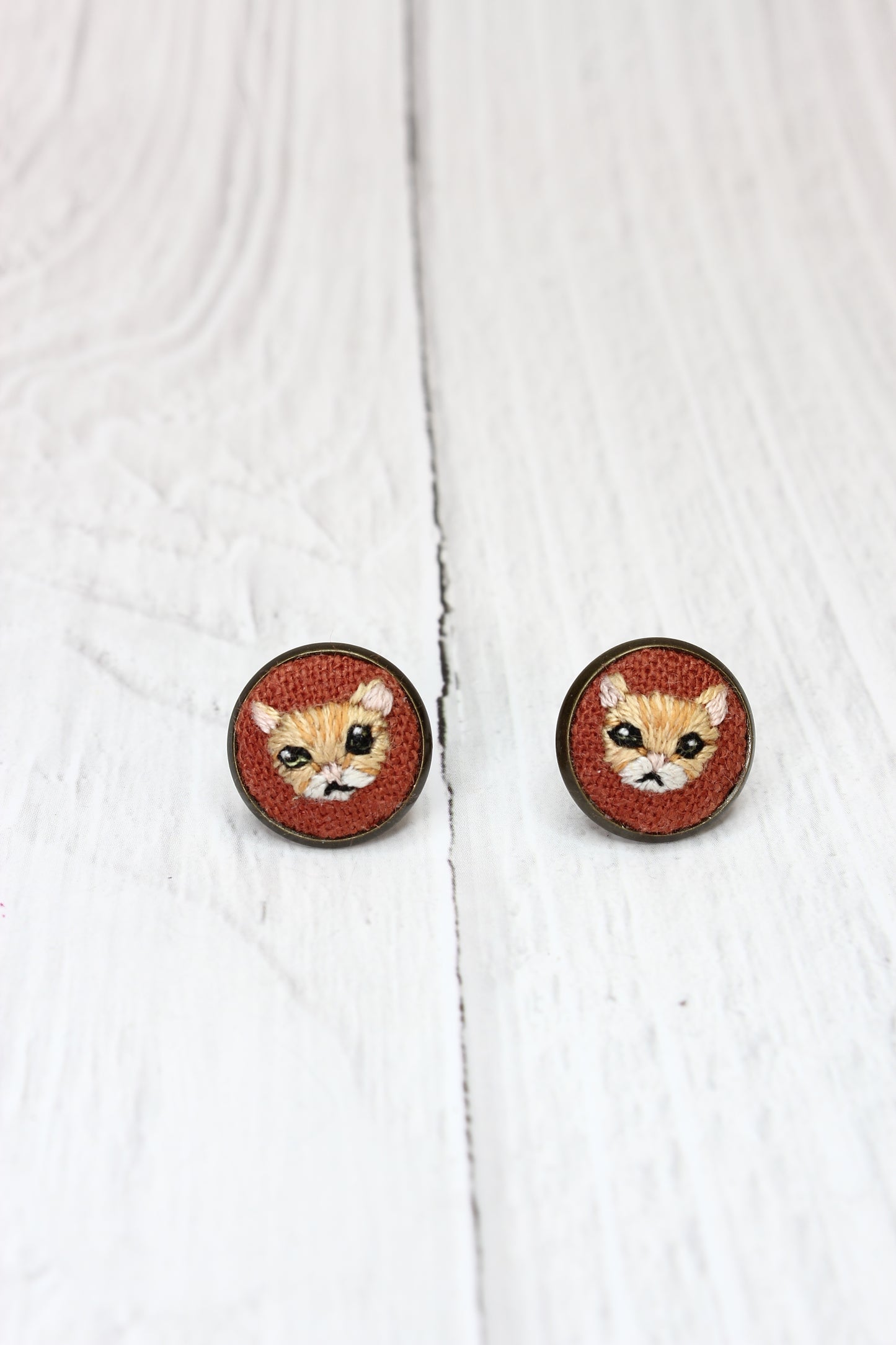 Embroidery Orange Tabby Cat Studs #26