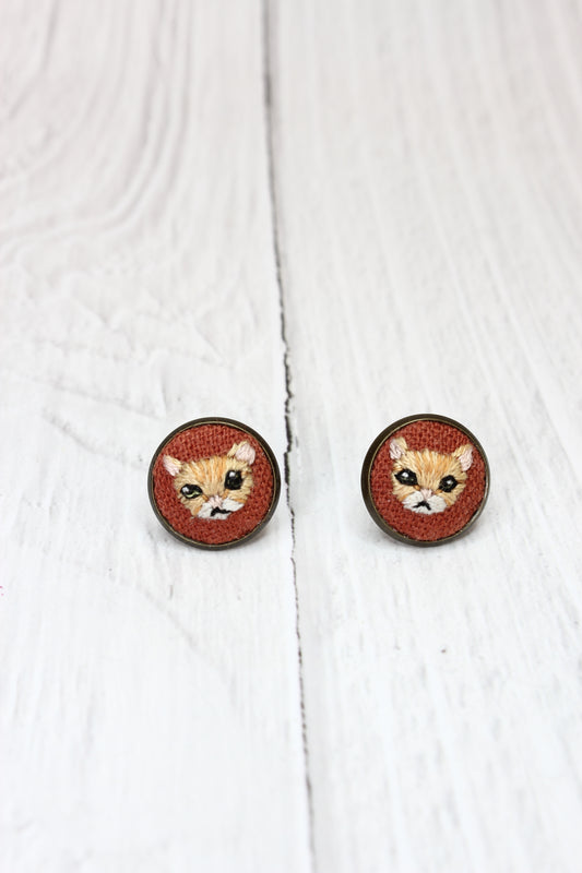 Embroidery Orange Tabby Cat Studs #26