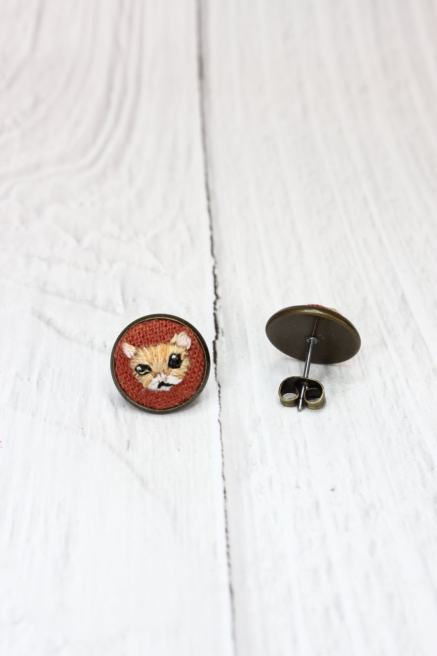 Embroidery Orange Tabby Cat Studs #26