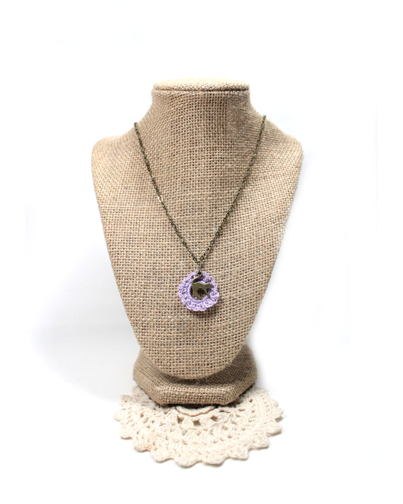 Crochet Circle Necklace in Lilac with a cat charm My Pretty Babi