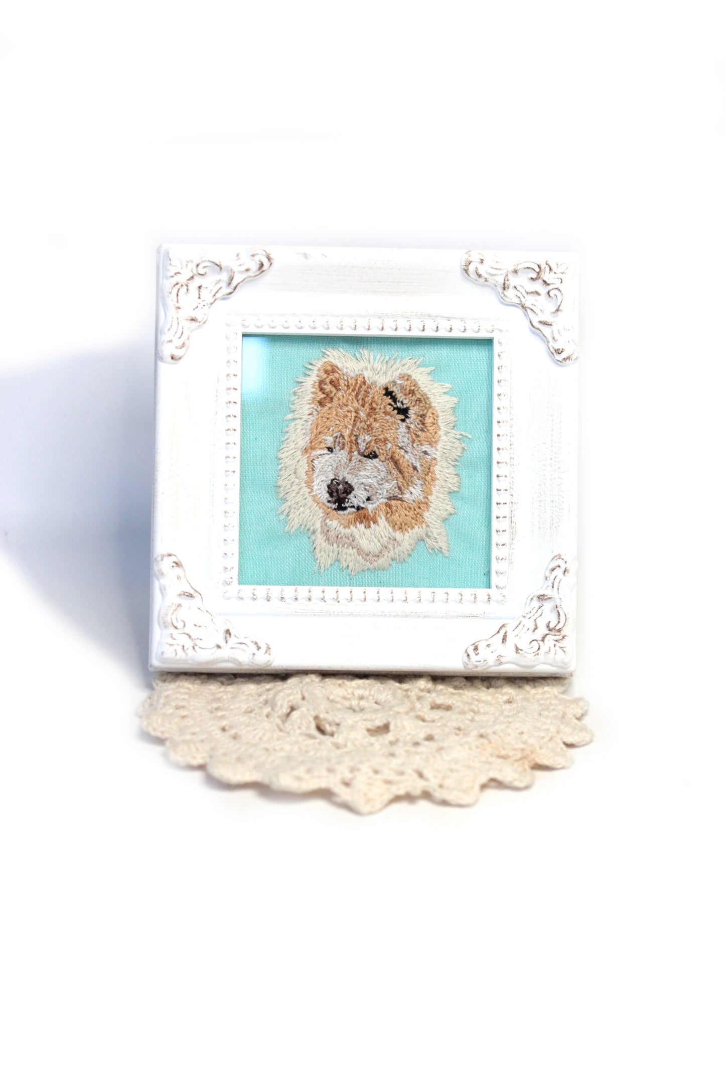 Embroidery Custom Pet Portrait White Wood Frame