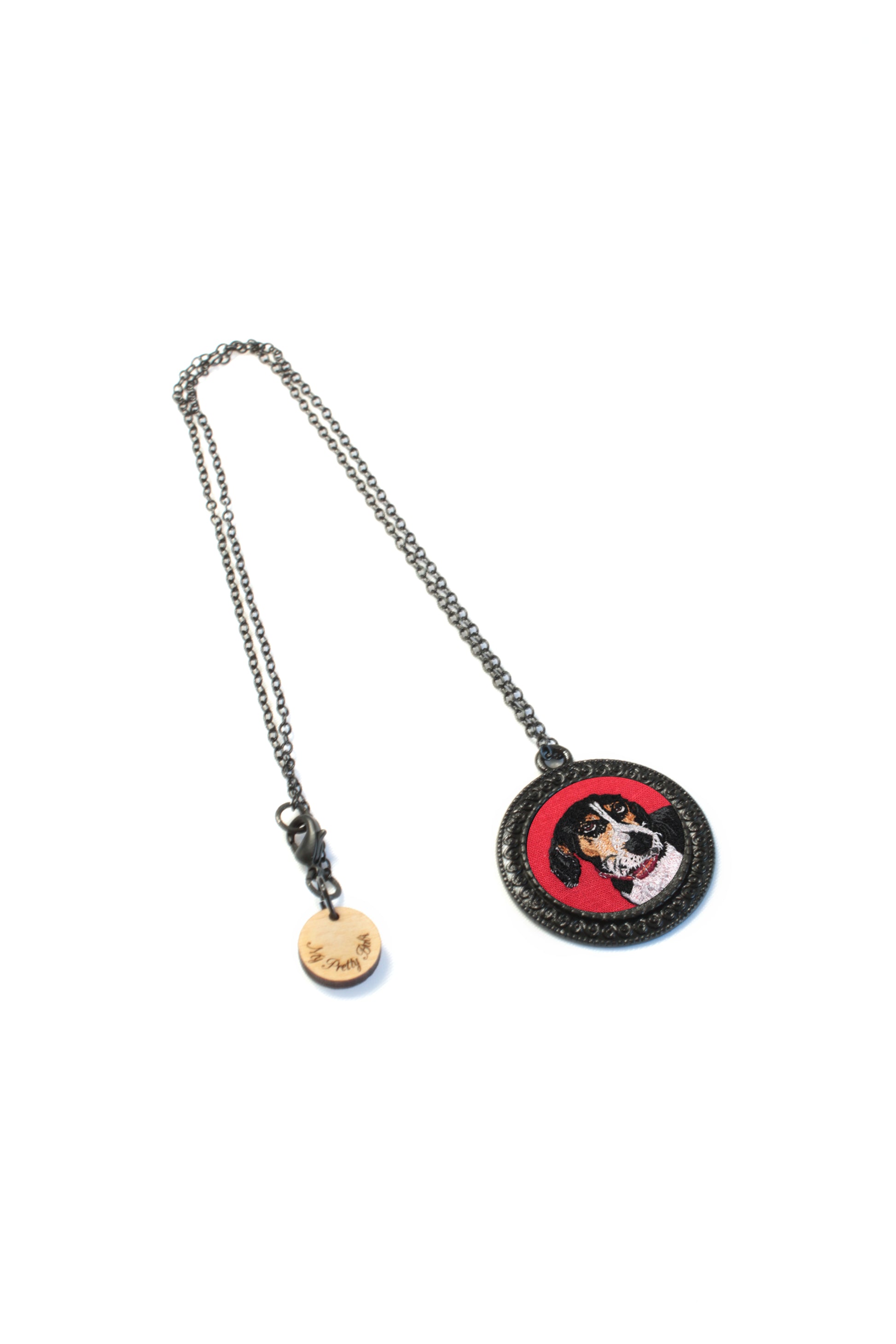 Custom Embroidery Pet Portrait My Pretty Babi Black Circle Pendant Necklace