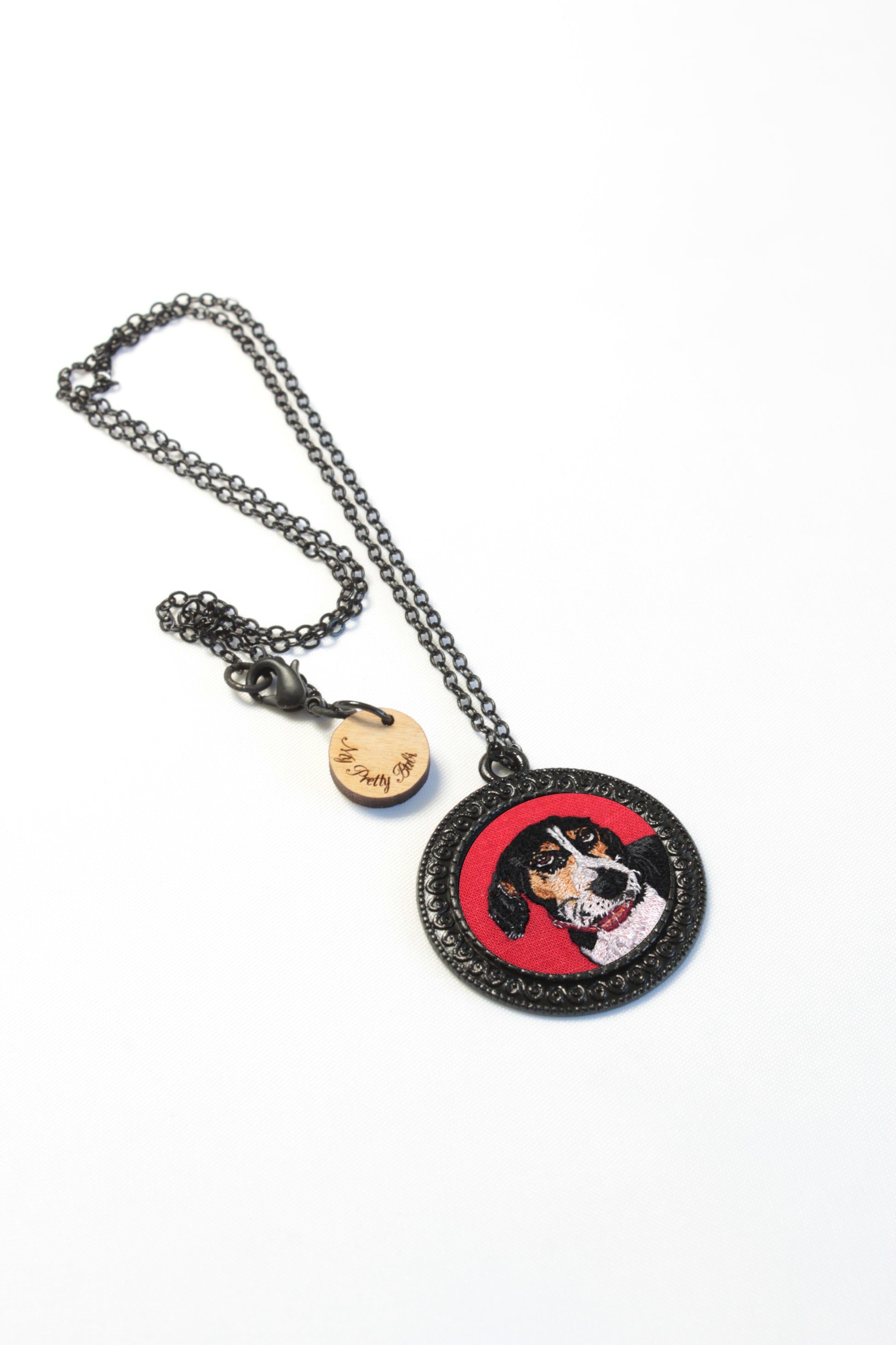 Custom Embroidery Pet Portrait My Pretty Babi Black Circle Pendant Necklace