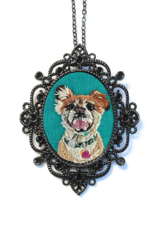 Custom Embroidery Pet Portrait My Pretty Babi Black Oval Pendant Necklace