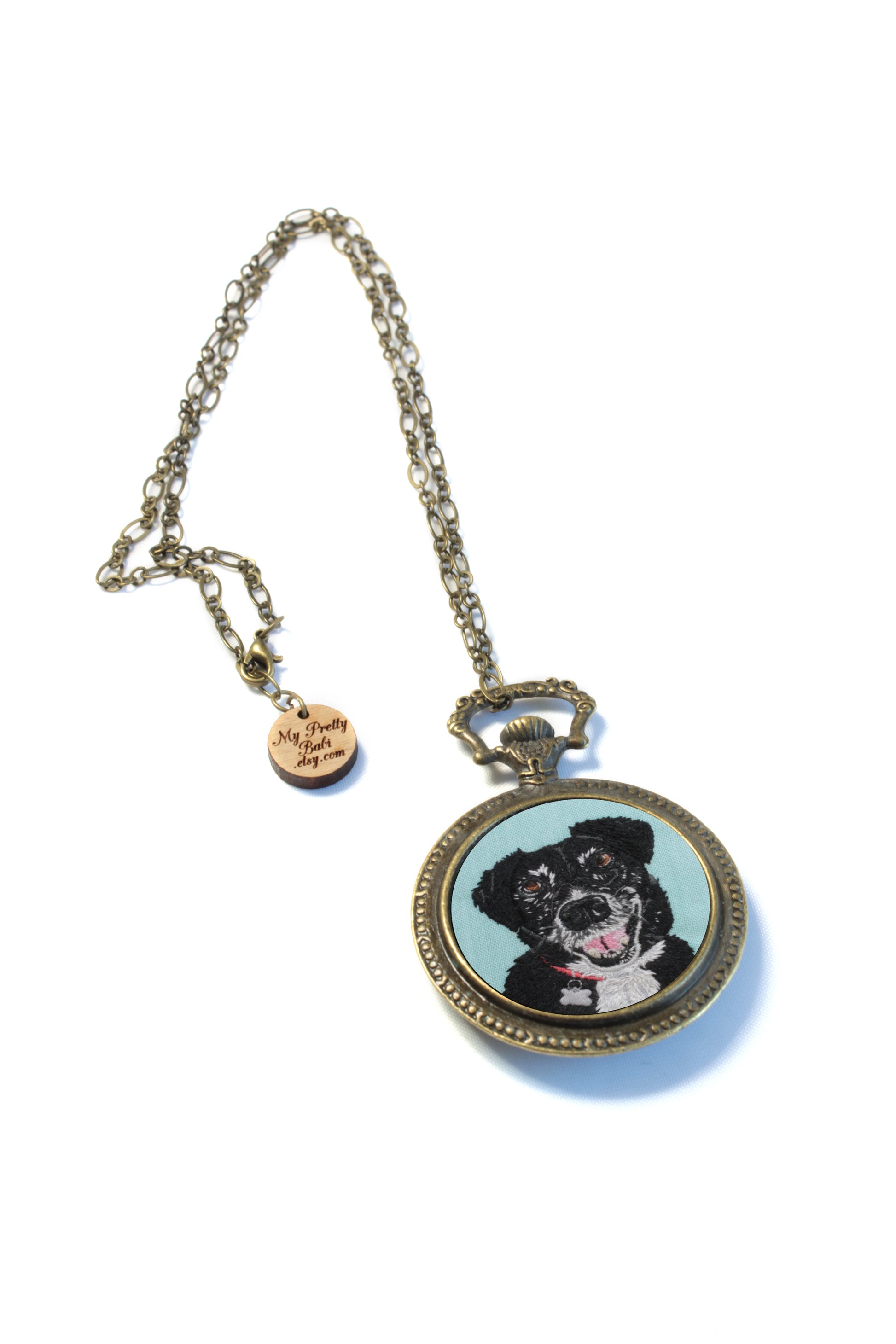 Custom Embroidery Pet Portrait My Pretty Babi Antique Watch Pendant Necklace