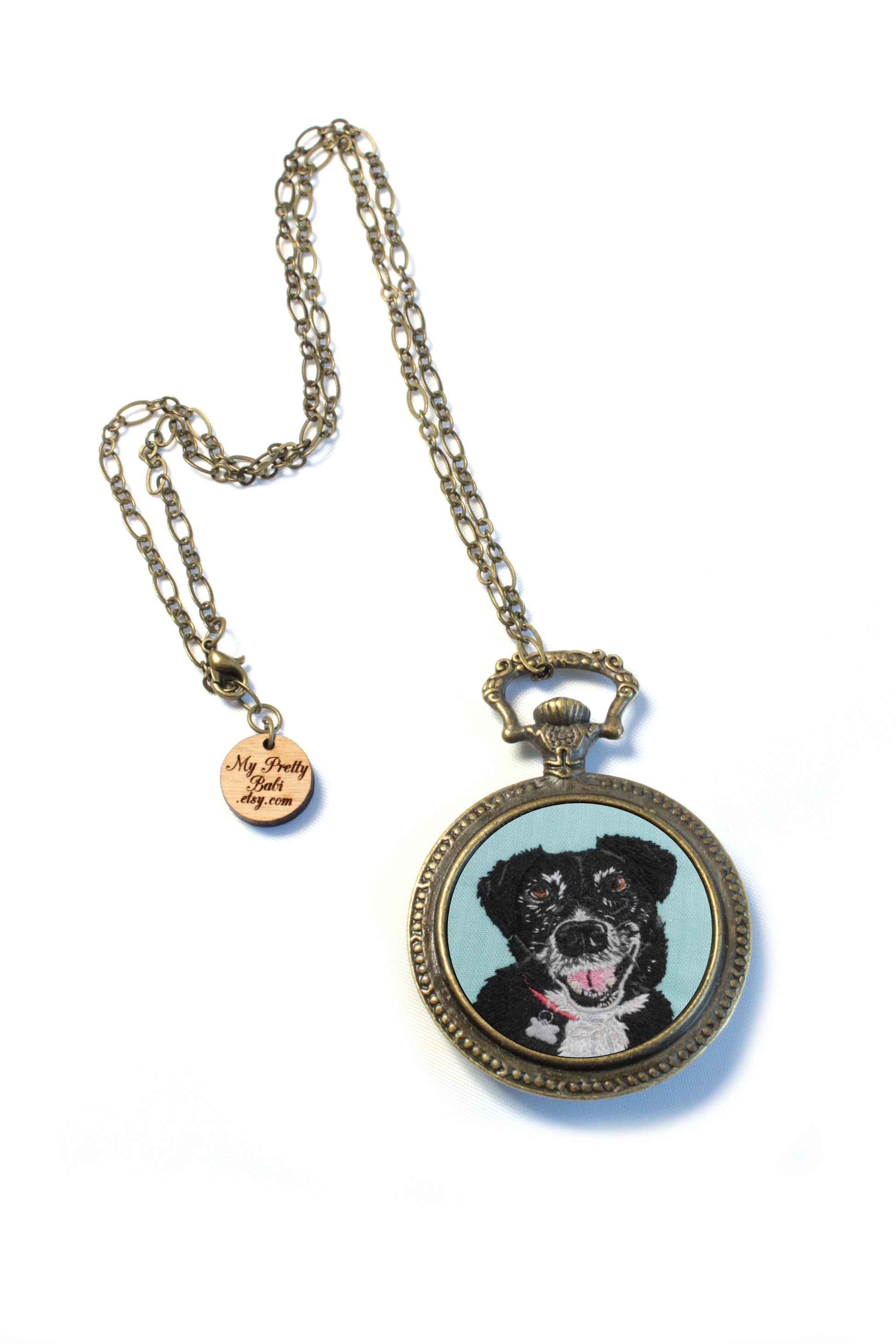 Custom Embroidery Pet Portrait My Pretty Babi Antique Watch Pendant Necklace