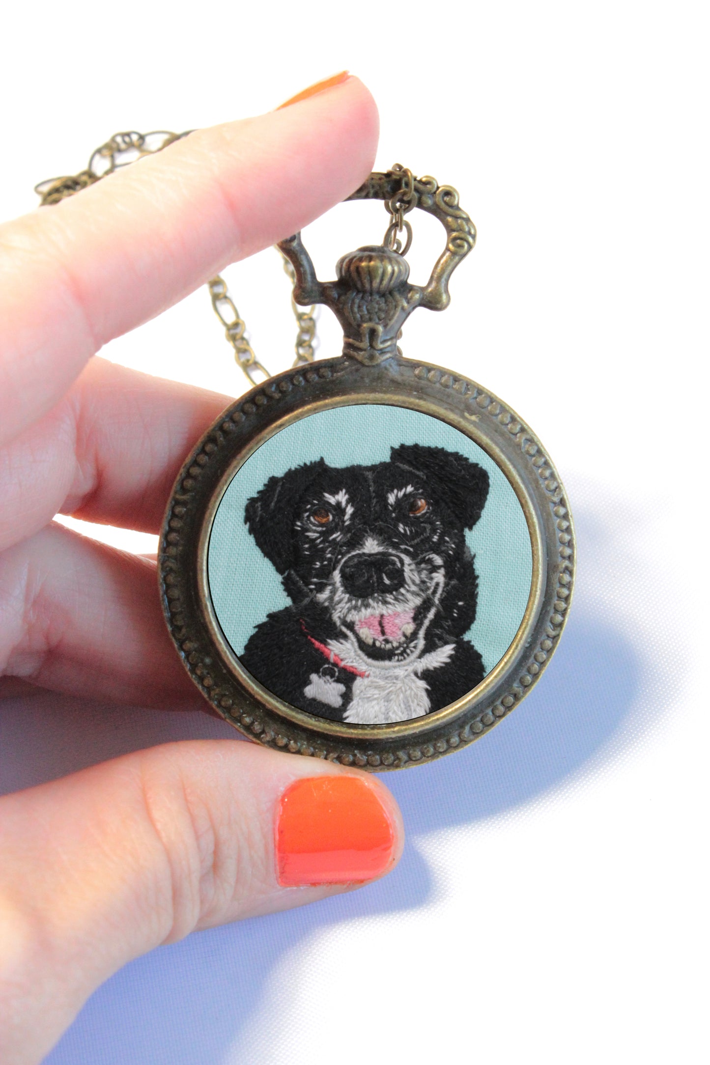 Custom Embroidery Pet Portrait My Pretty Babi Antique Watch Pendant Necklace 