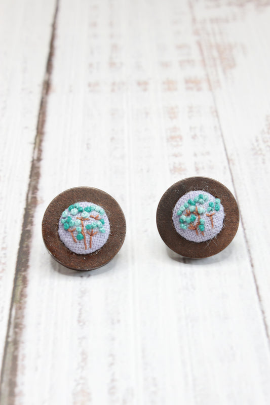 Embroidery Green Flower Studs Earrings