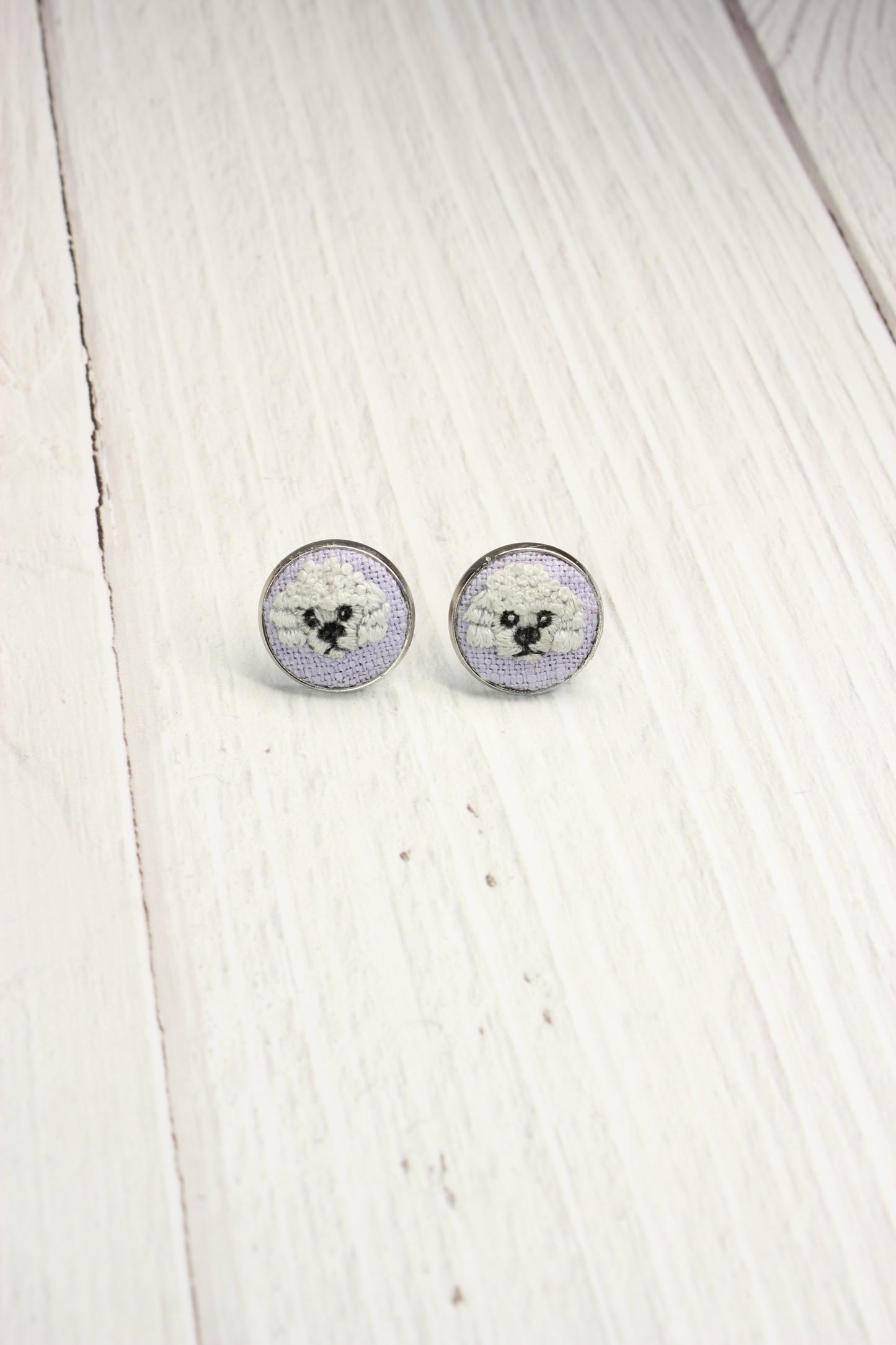 Embroidery White Poodle Studs Earrings