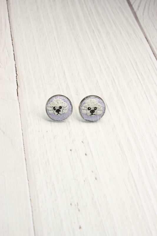 Embroidery White Poodle Studs Earrings
