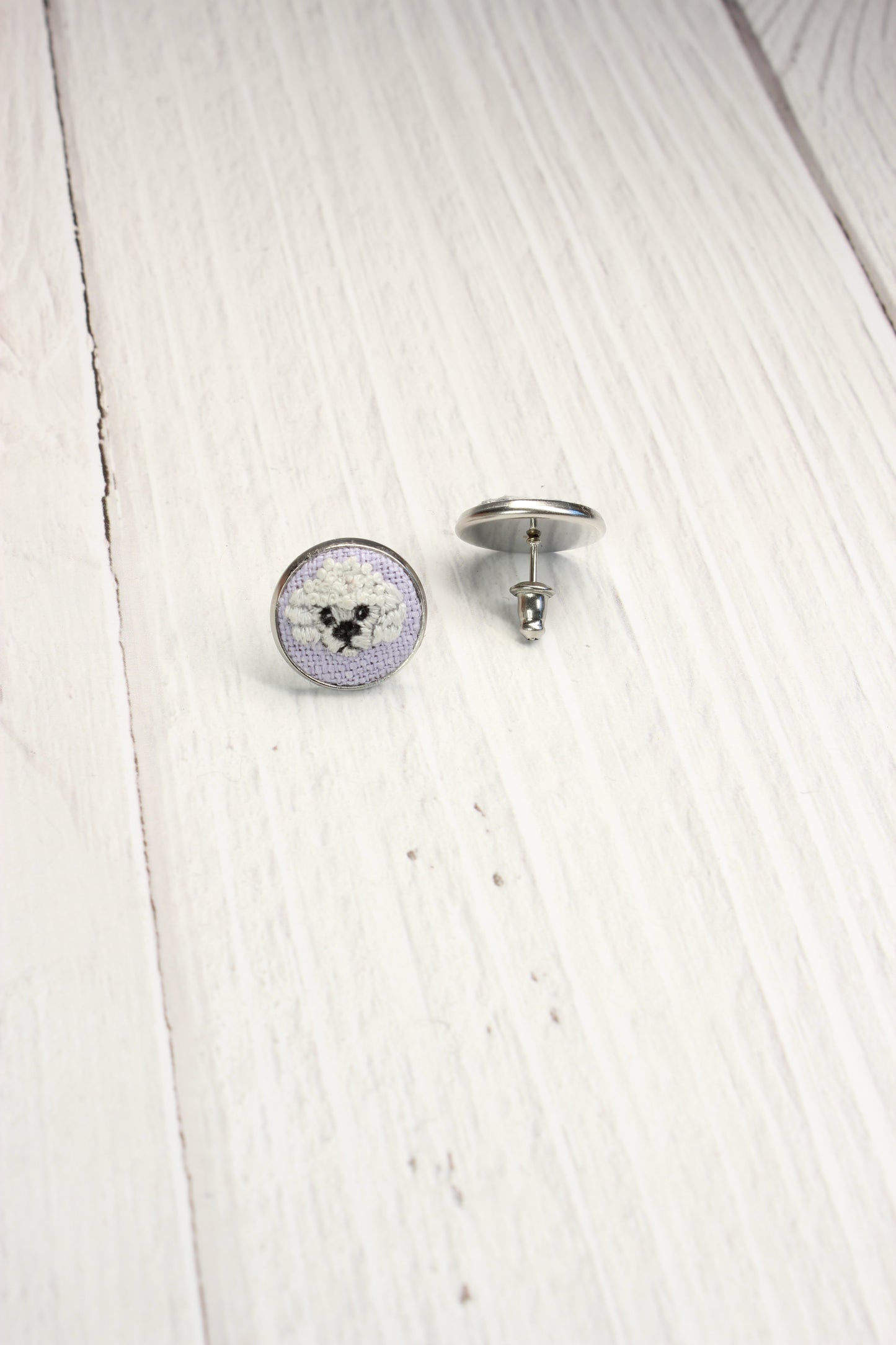 Embroidery White Poodle Studs Earrings