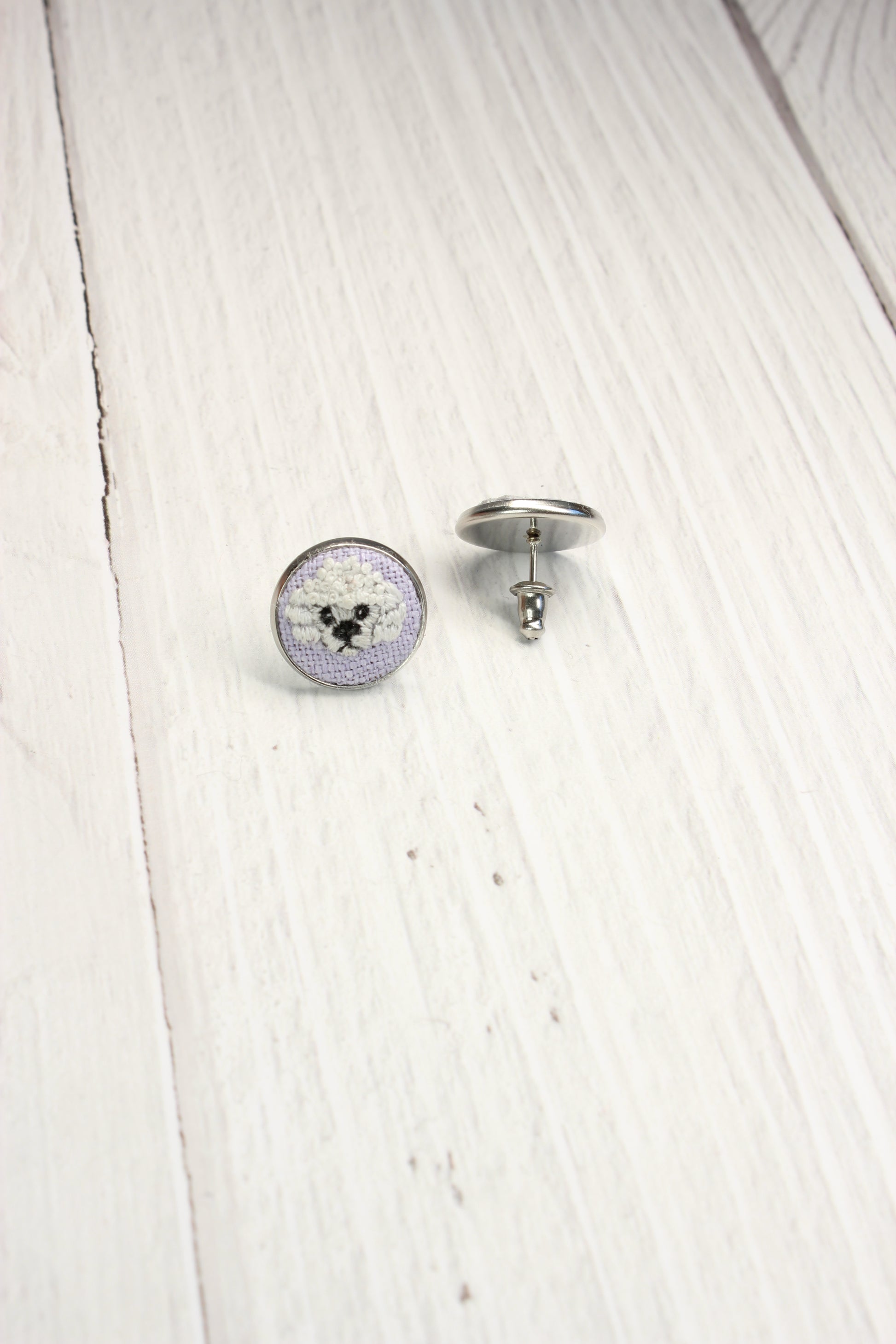 Embroidery White Poodle Studs Earrings