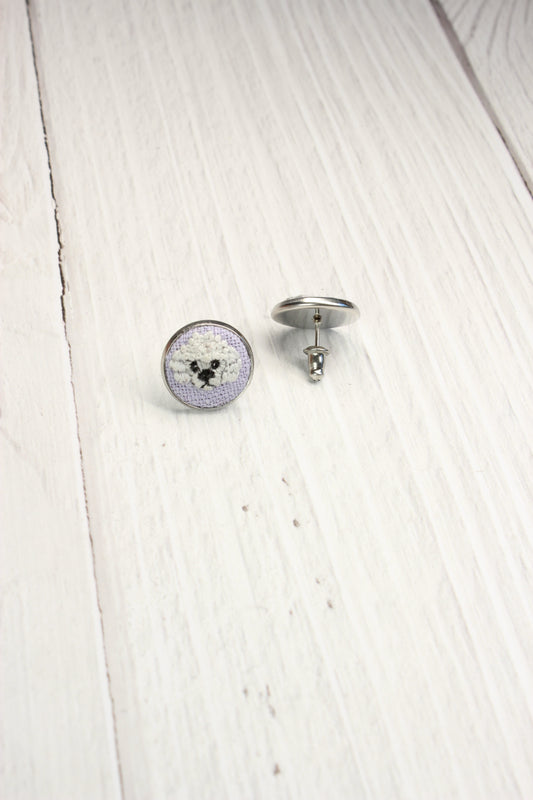 Embroidery White Poodle Studs Earrings