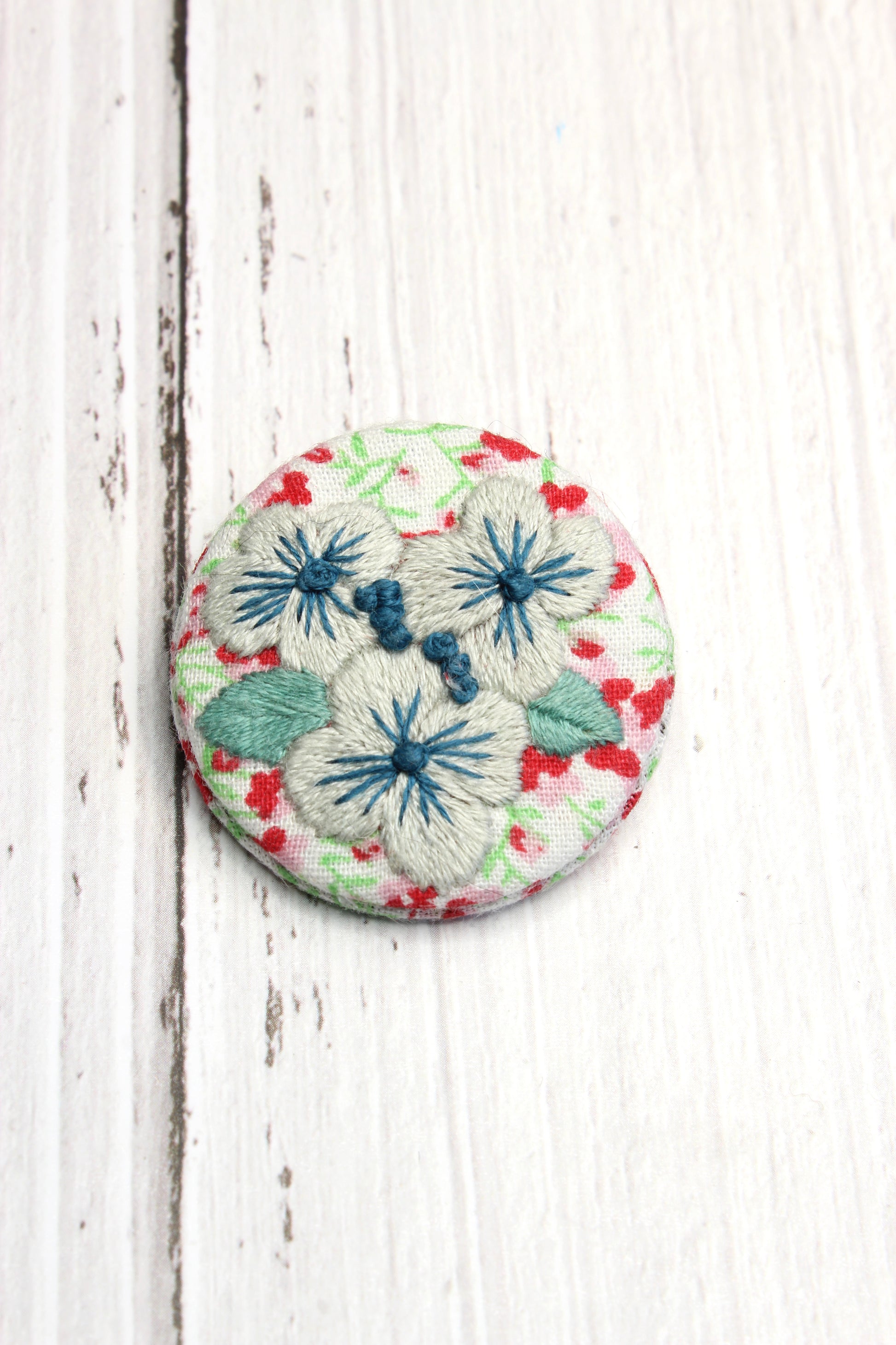 Embroidery Blue Pansies Brooch