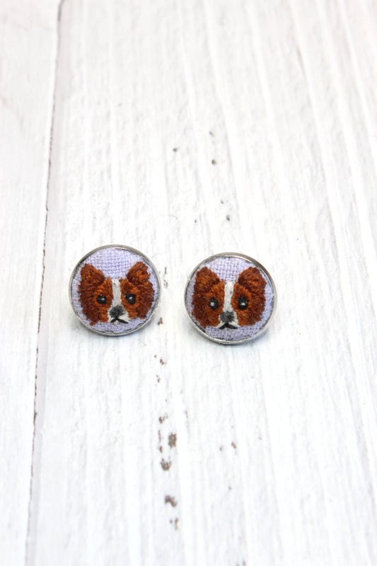 Embroidery Papillon Dog Studs Earrings