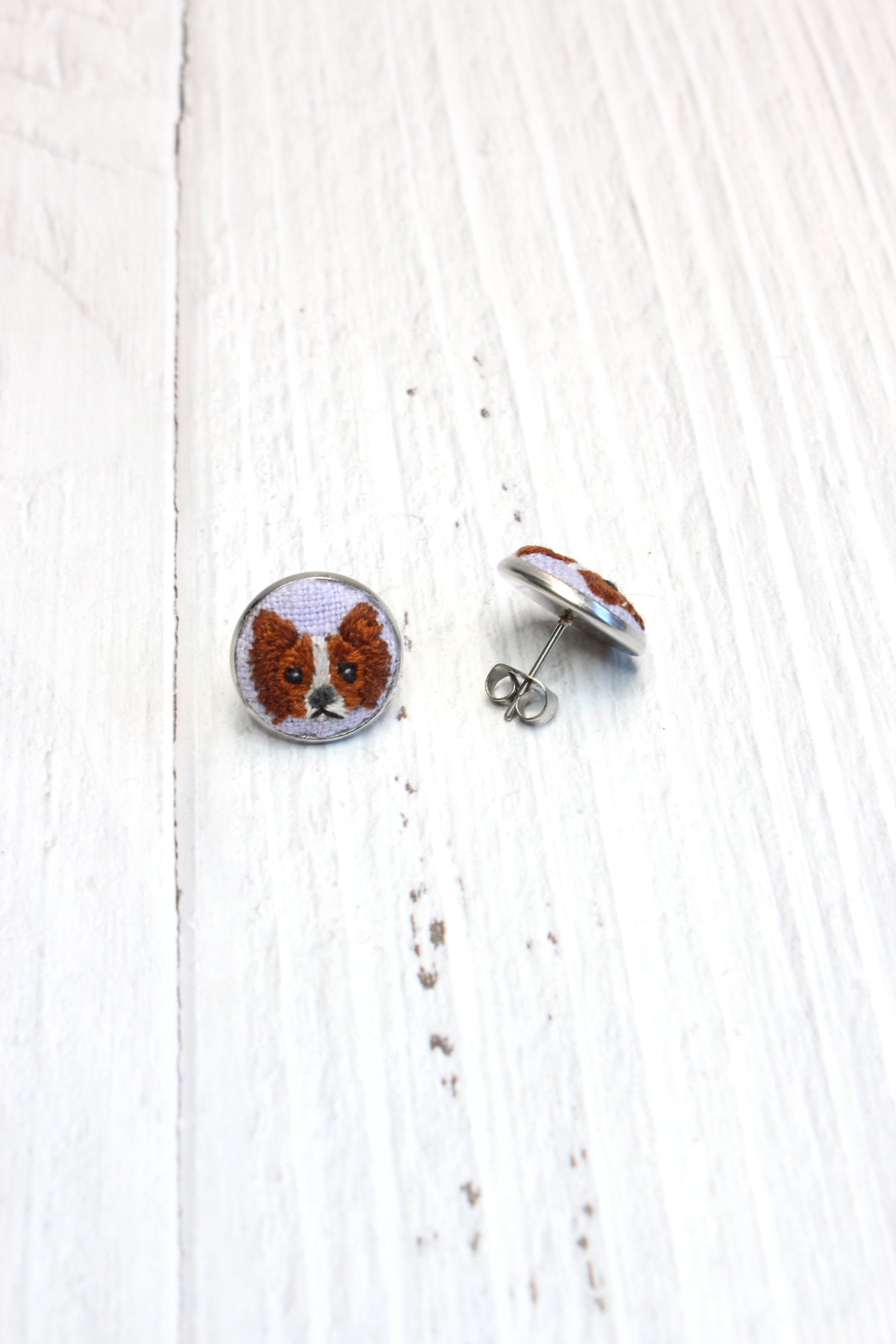Embroidery Papillon Dog Studs Earrings