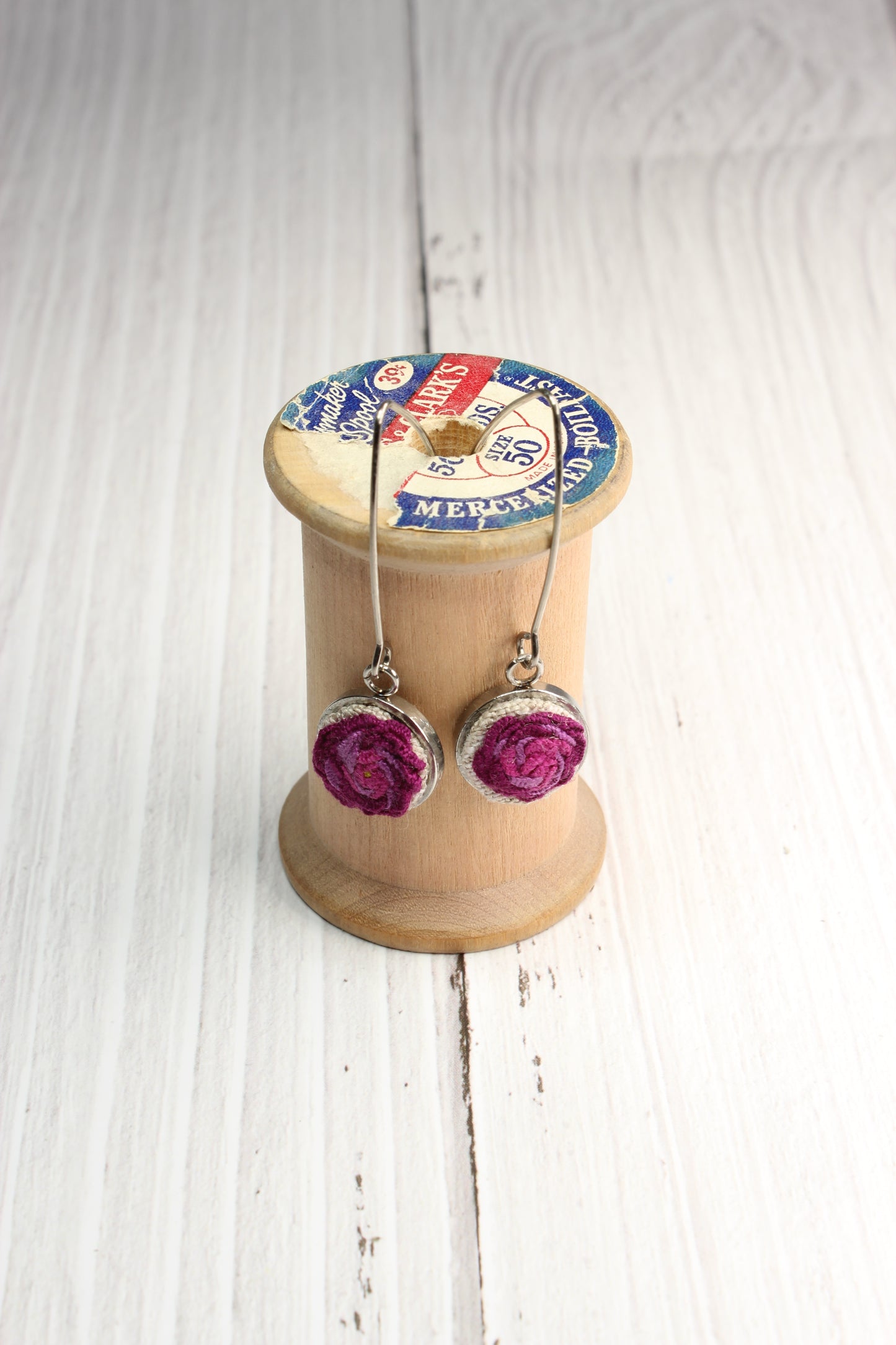 Embroidery Pink Rose Wire Earrings