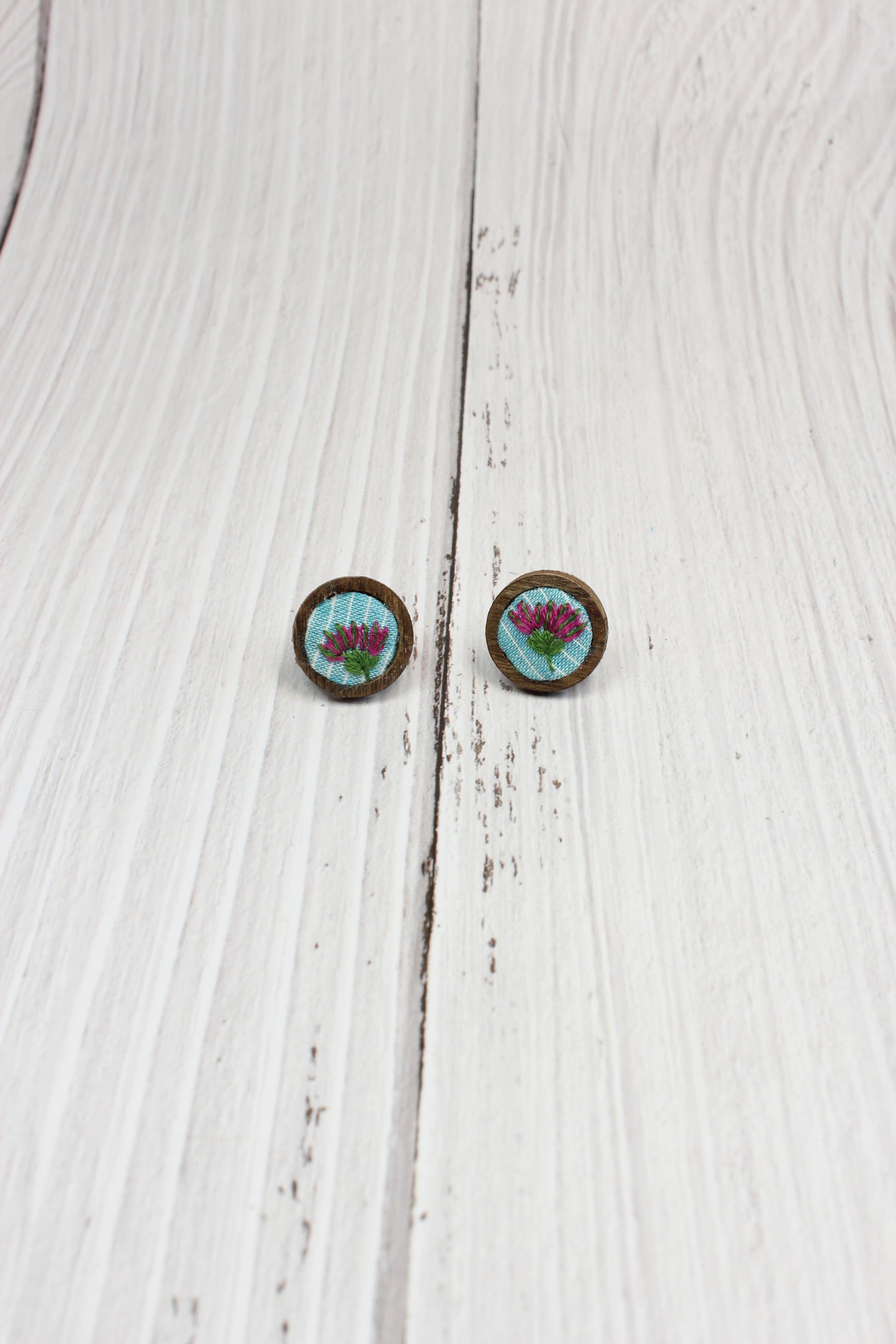 Embroidery Pink Flower Studs Earrings