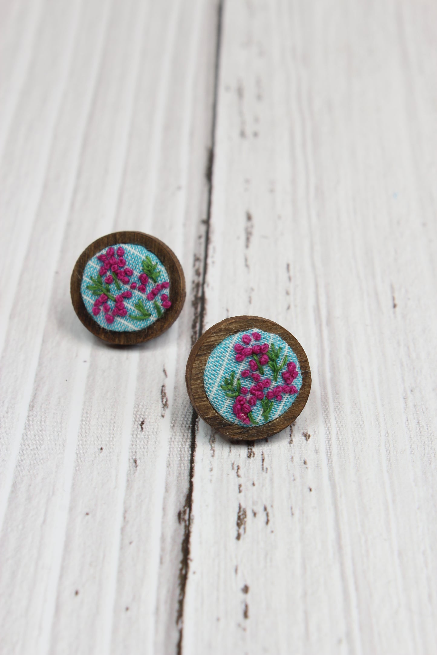Embroidery Pink Flowers Studs Earrings