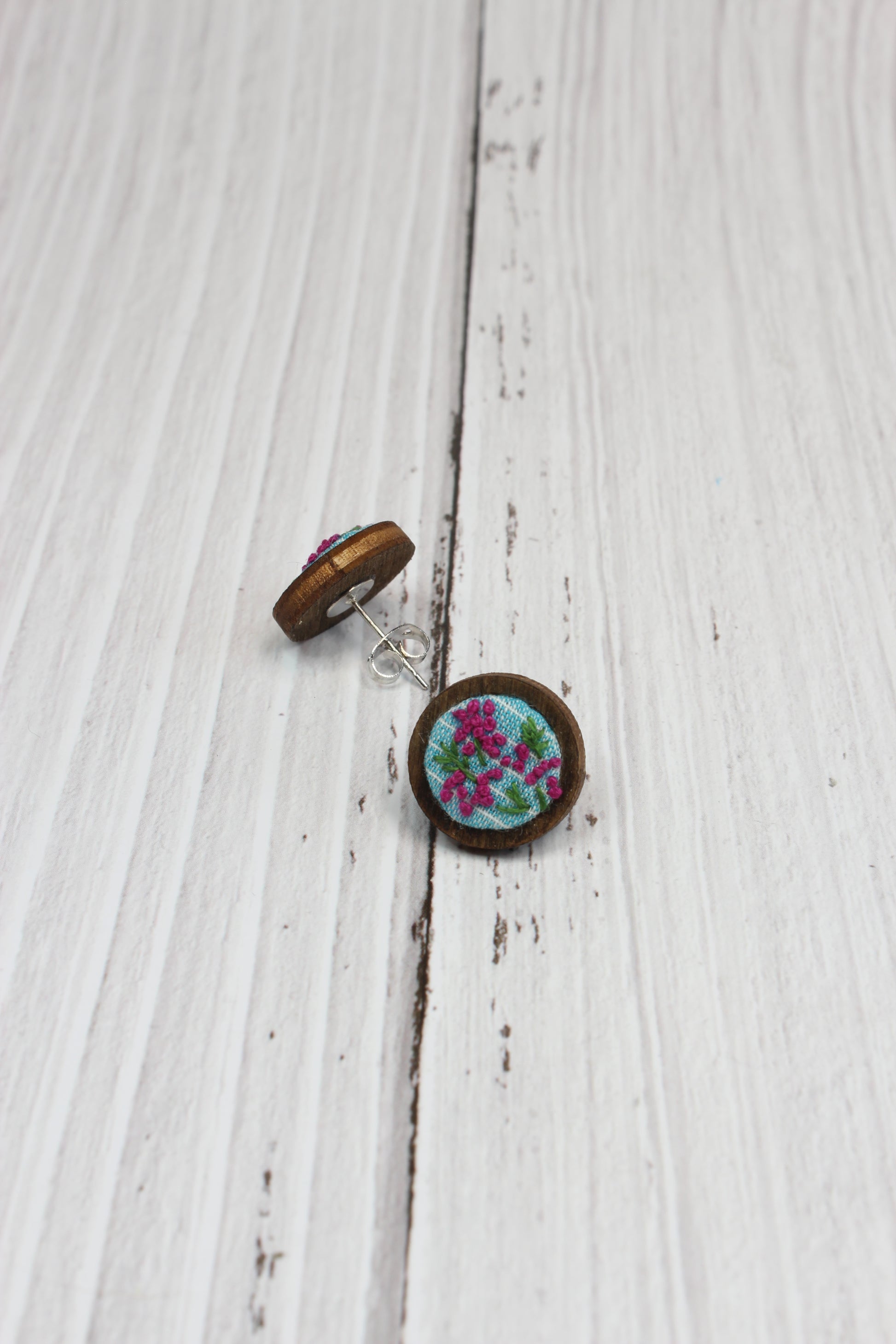 Embroidery Pink Flowers Studs Earrings