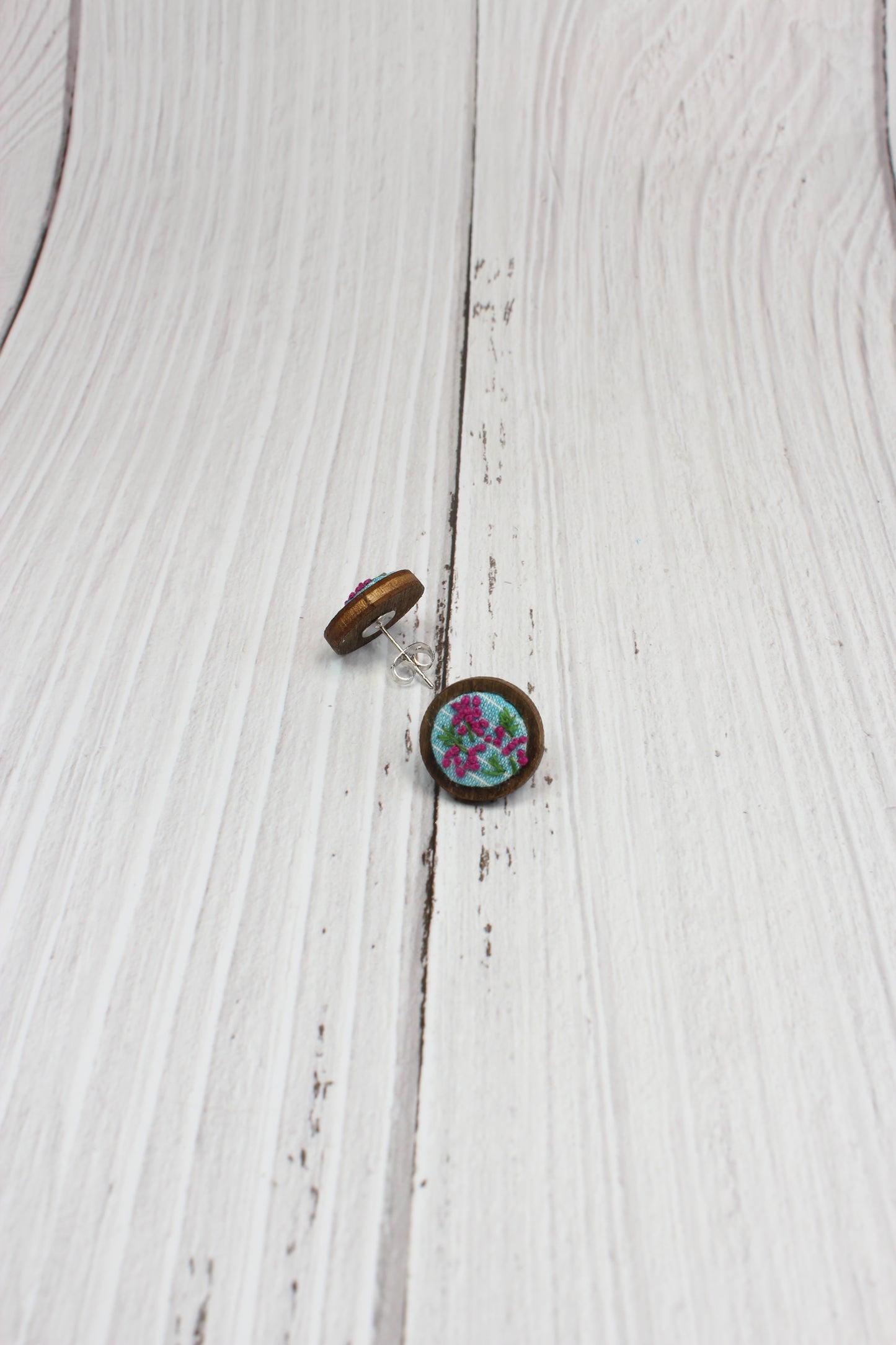 Embroidery Pink Flowers Wood Studs Earrings