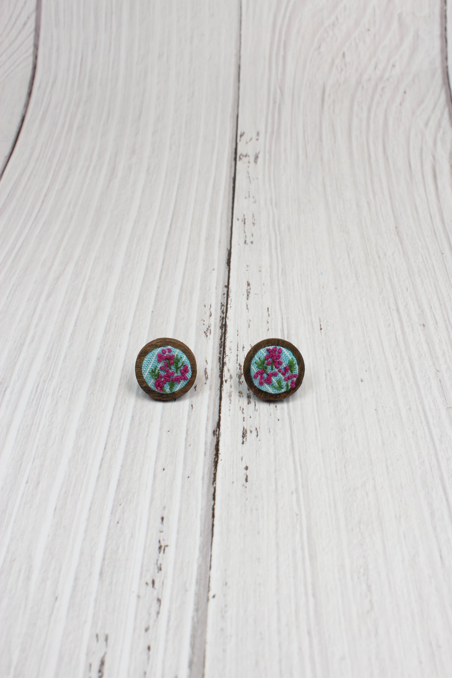 Embroidery Pink Flowers Studs Earrings