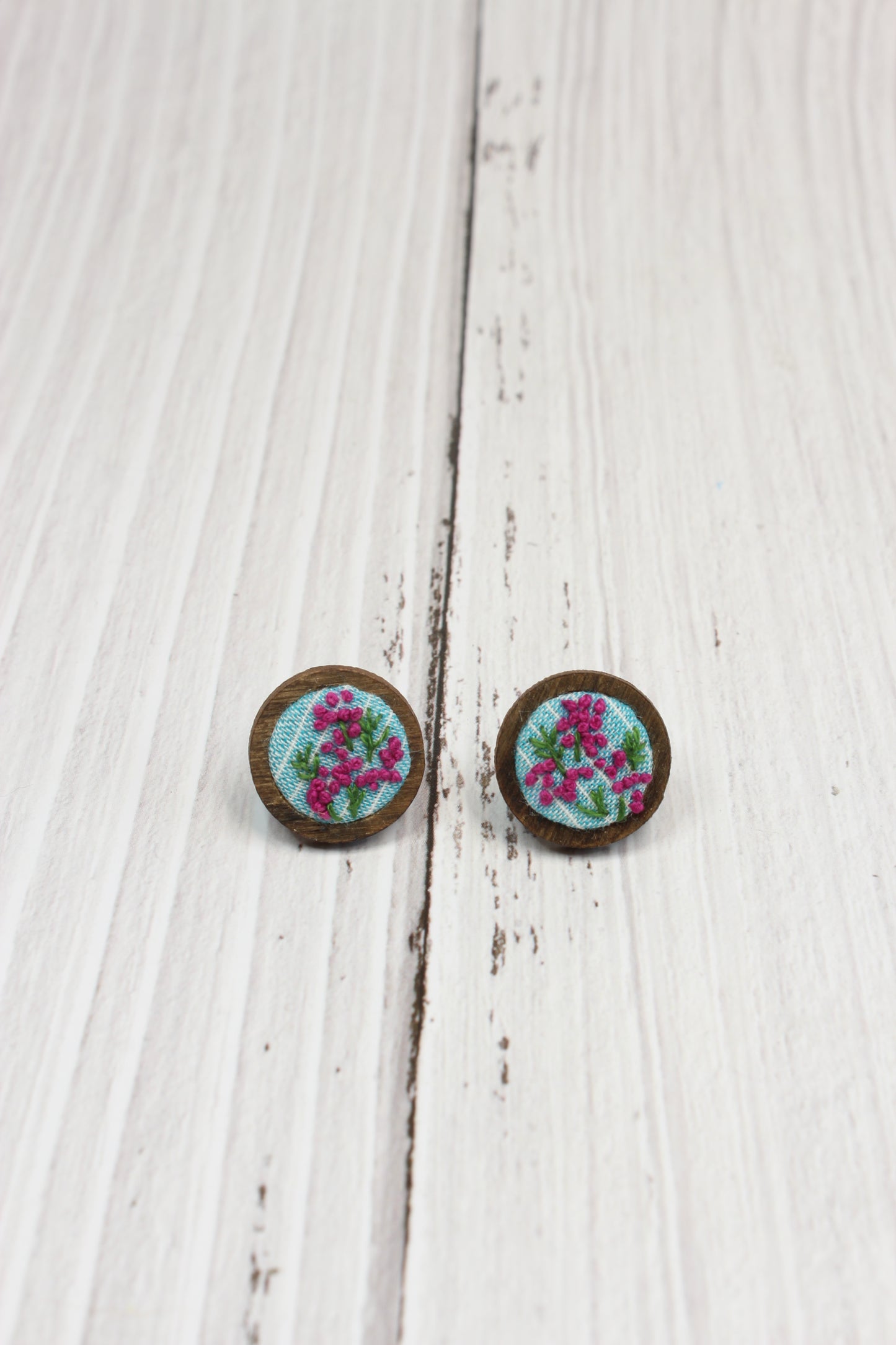 Embroidery Pink Flowers Studs Earrings