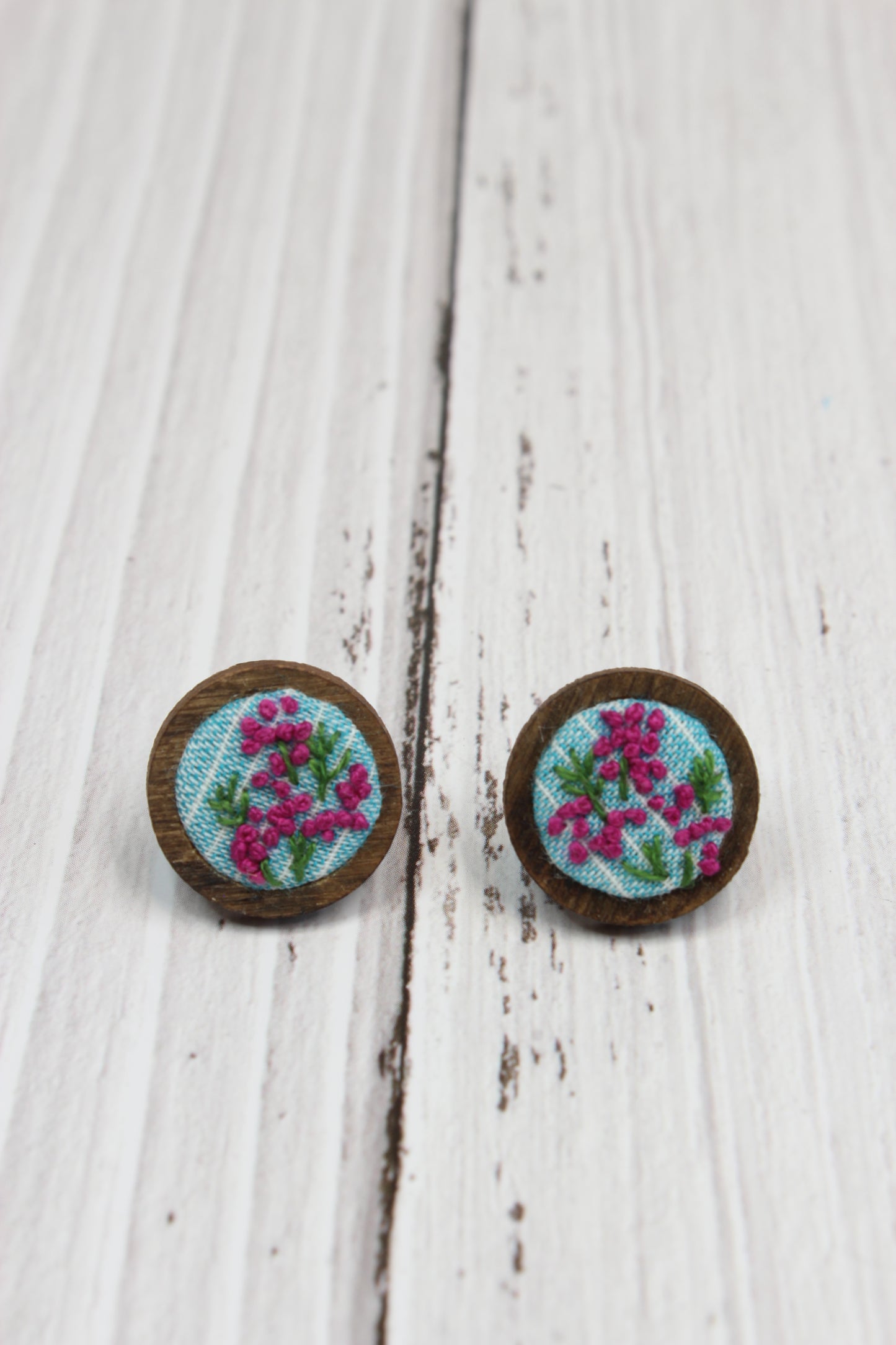 Embroidery Pink Flowers Studs Earrings