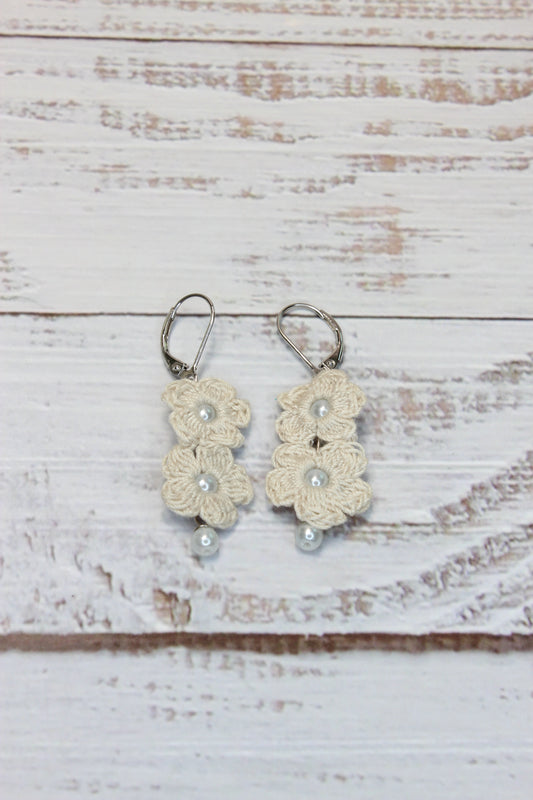 Crochet Off White Flowers Wire Earrings