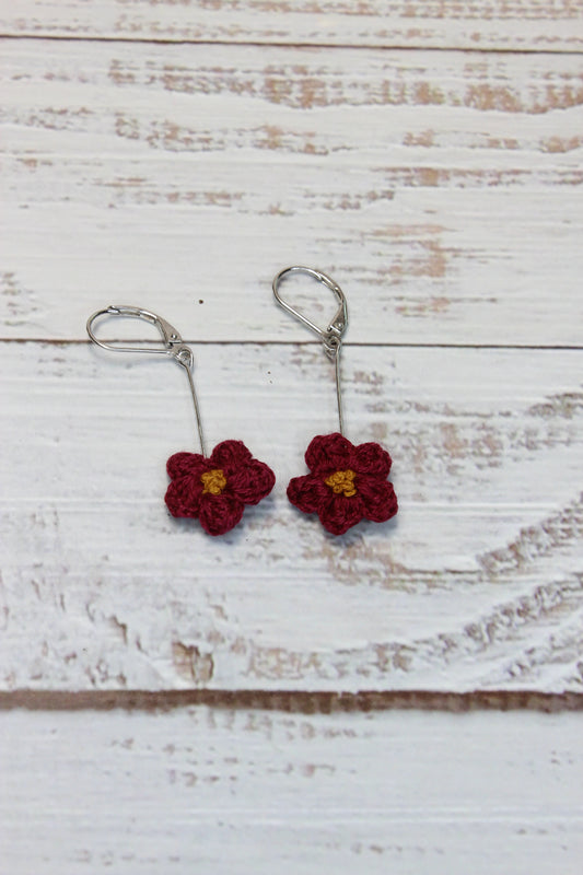 Crochet Burgundy Daisy Dangling Wire Earrings