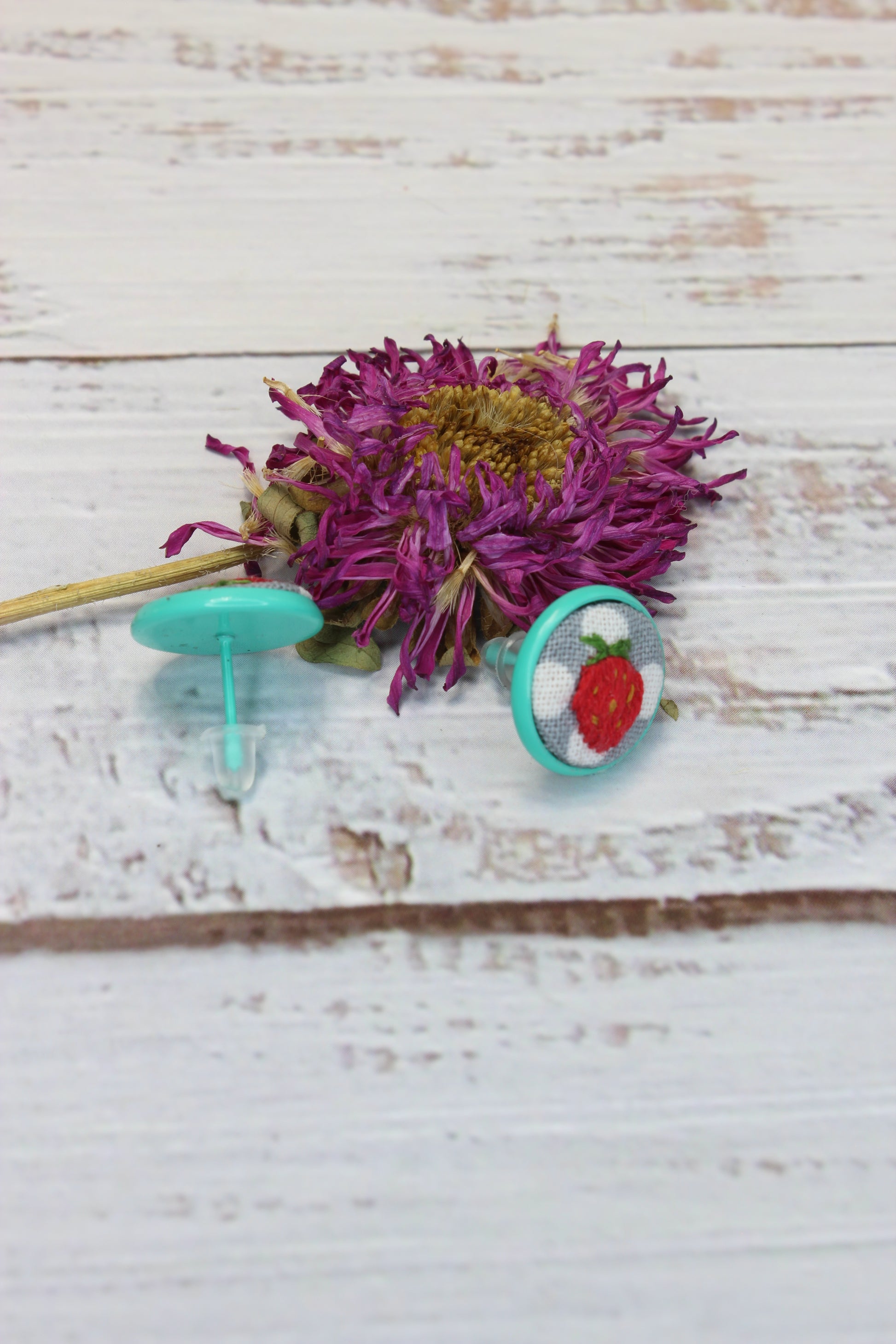 Embroidery Strawberry Blue Studs