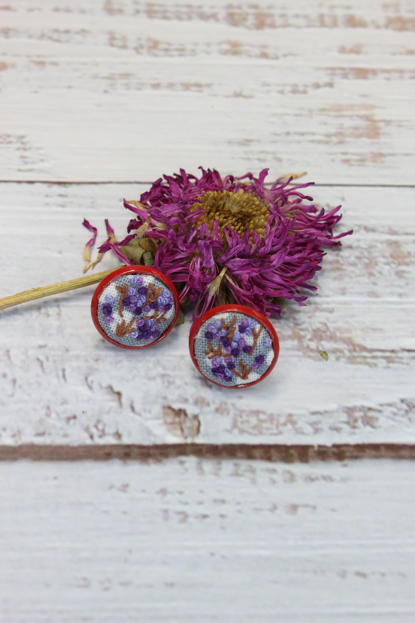 Embroidery Purple Flowers Red Studs