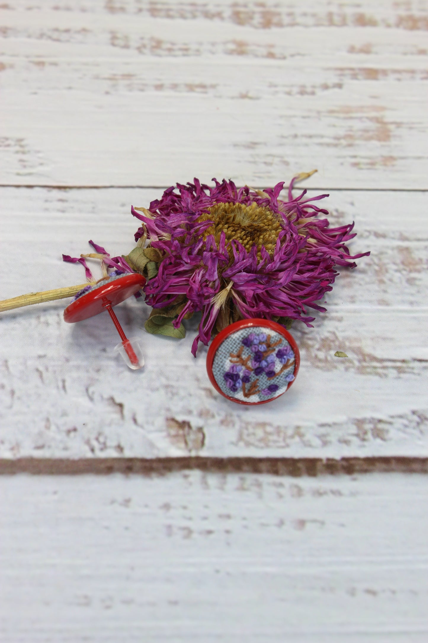 Embroidery Purple Flowers Red Studs
