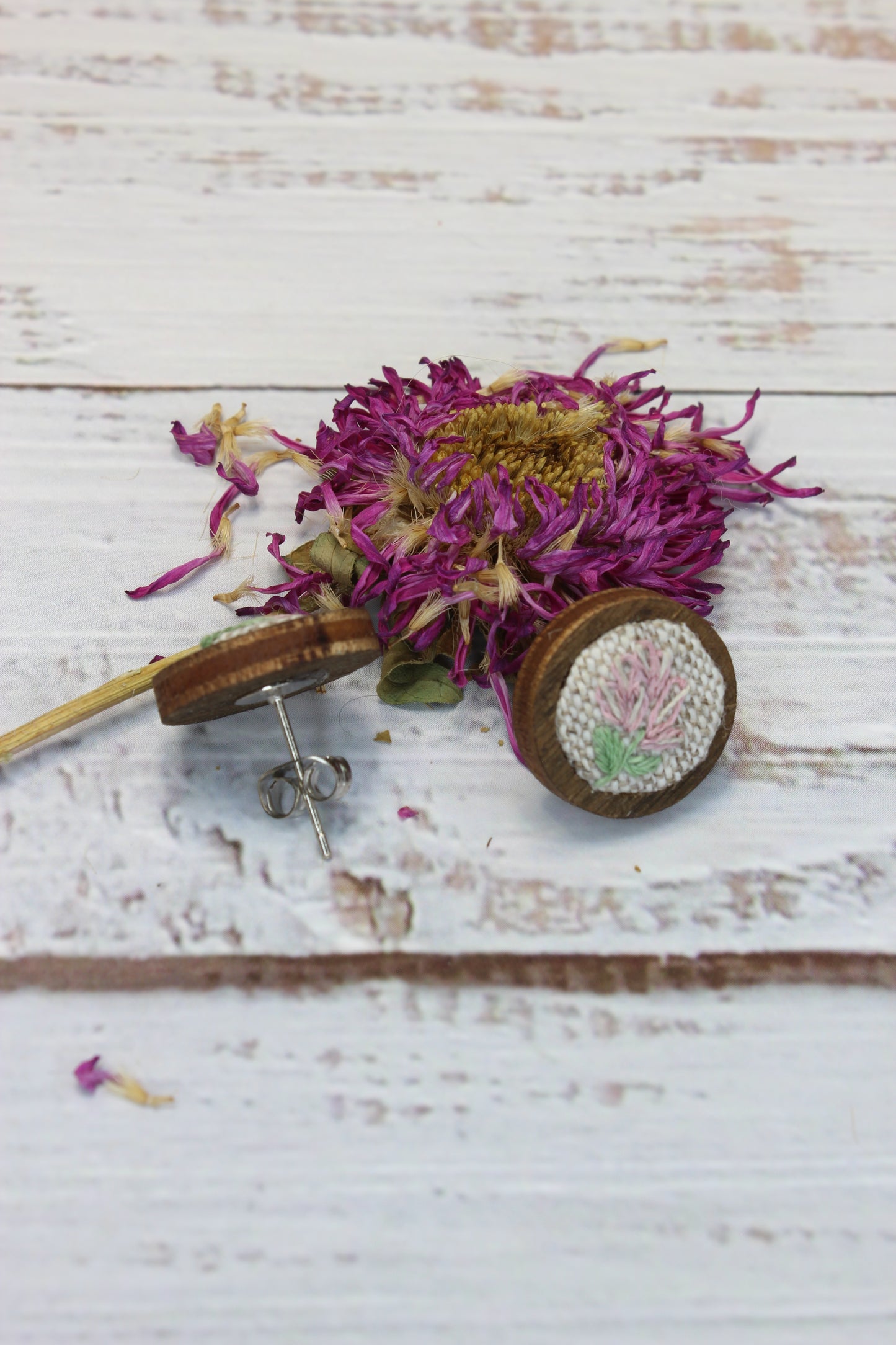 Embroidery Flower Wood Studs Earrings