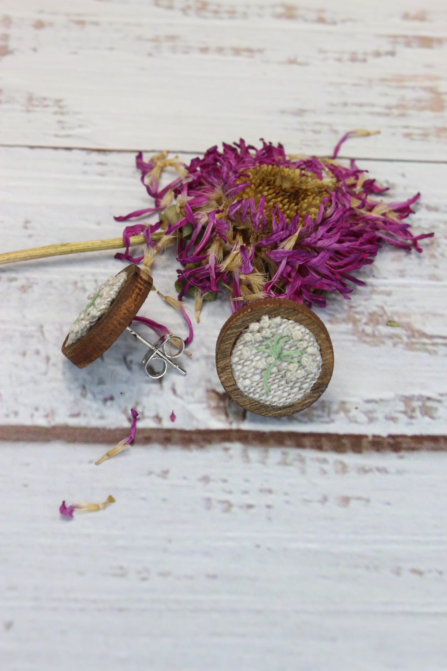 Embroidery Dandelion Wood Studs Earrings