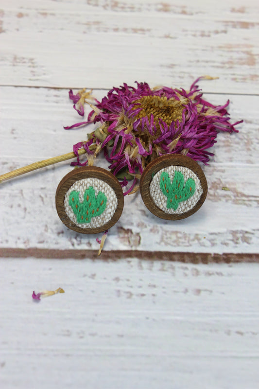 Embroidery Cactus Wood Studs Earrings