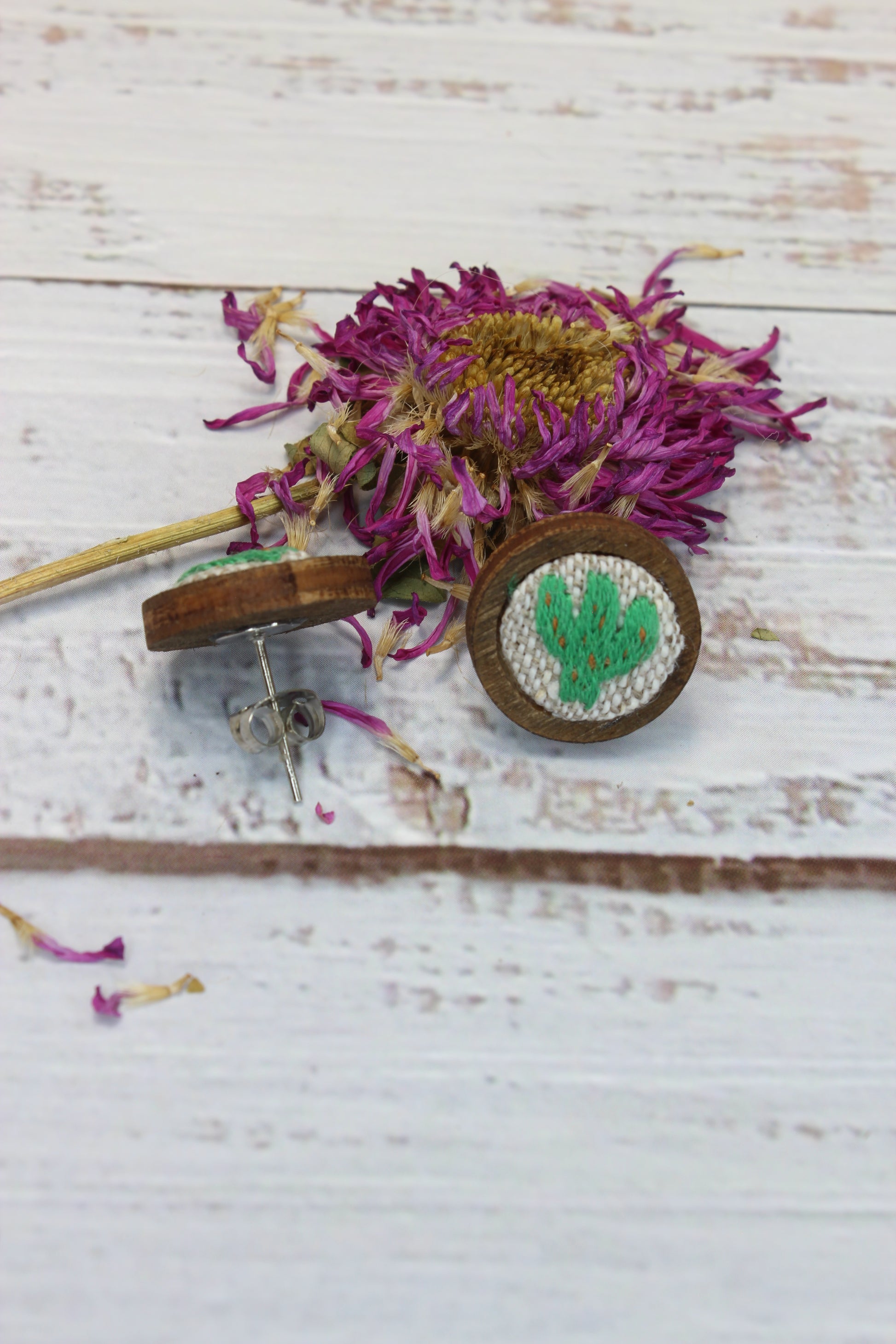 Embroidery Cactus Wood Studs Earrings