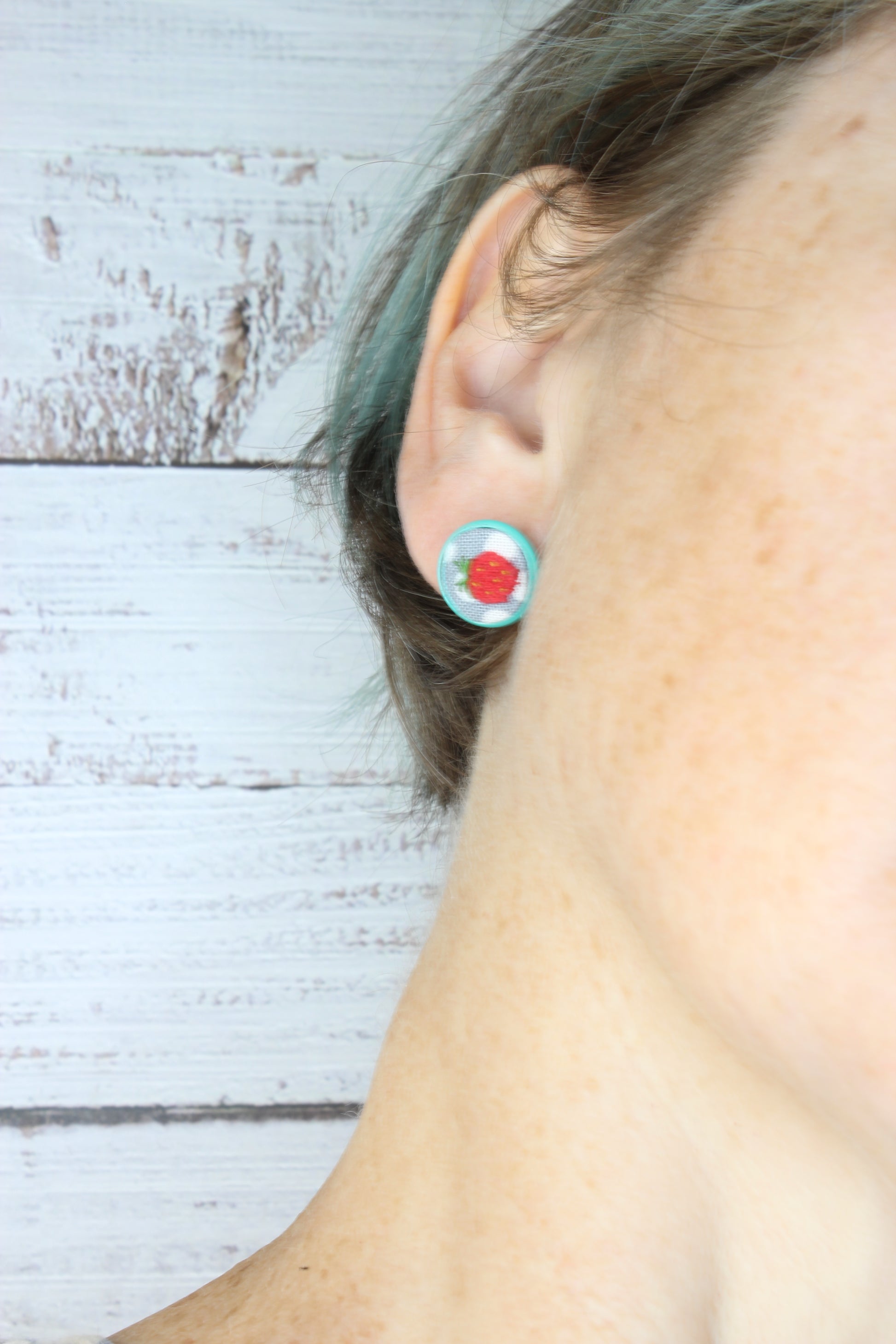 Embroidery Strawberry Blue Studs